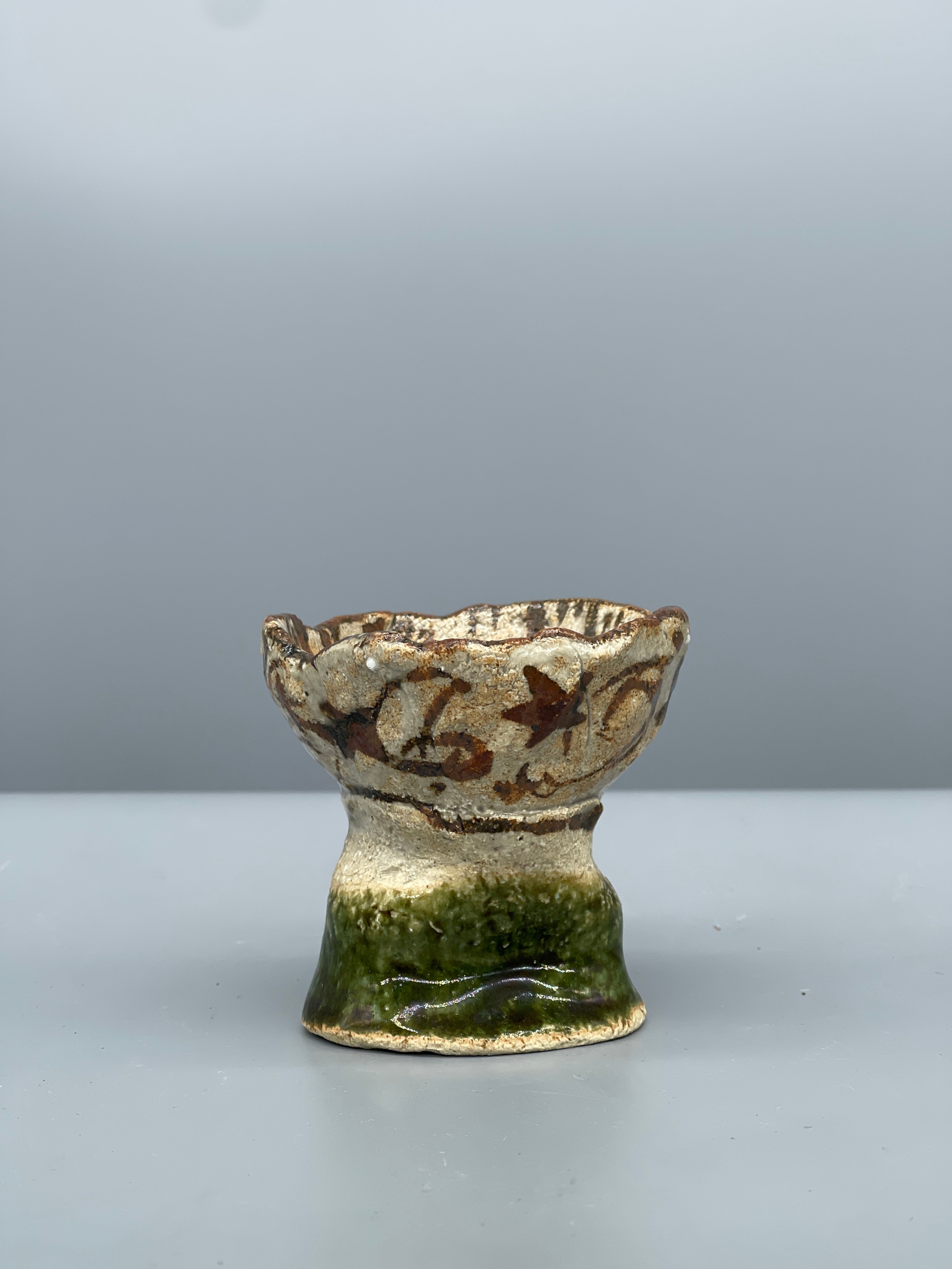 Unusual Vintage Japanese Cup, Green Oribe Glaze