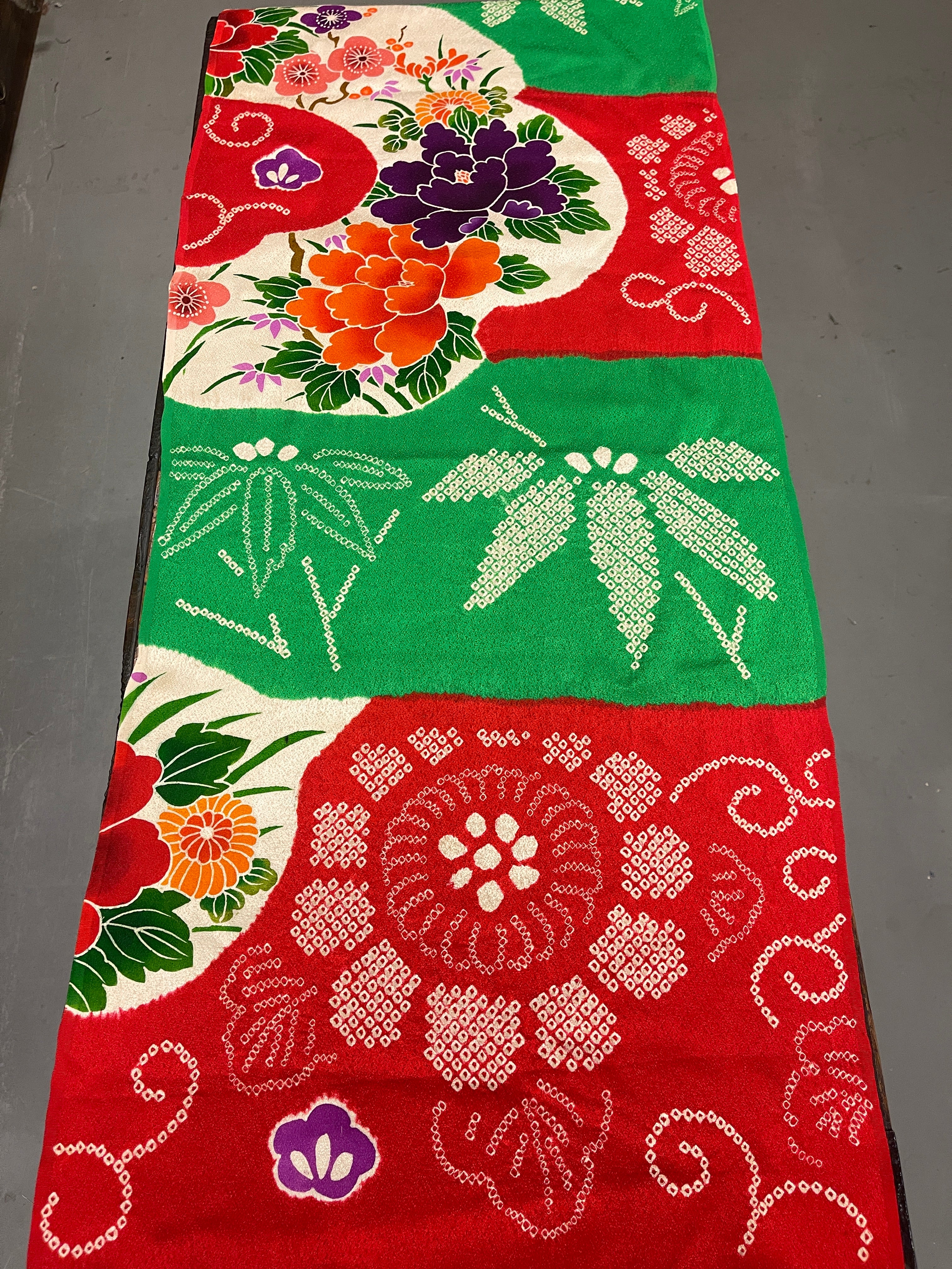 Japanese Red & Green Shibori Silk