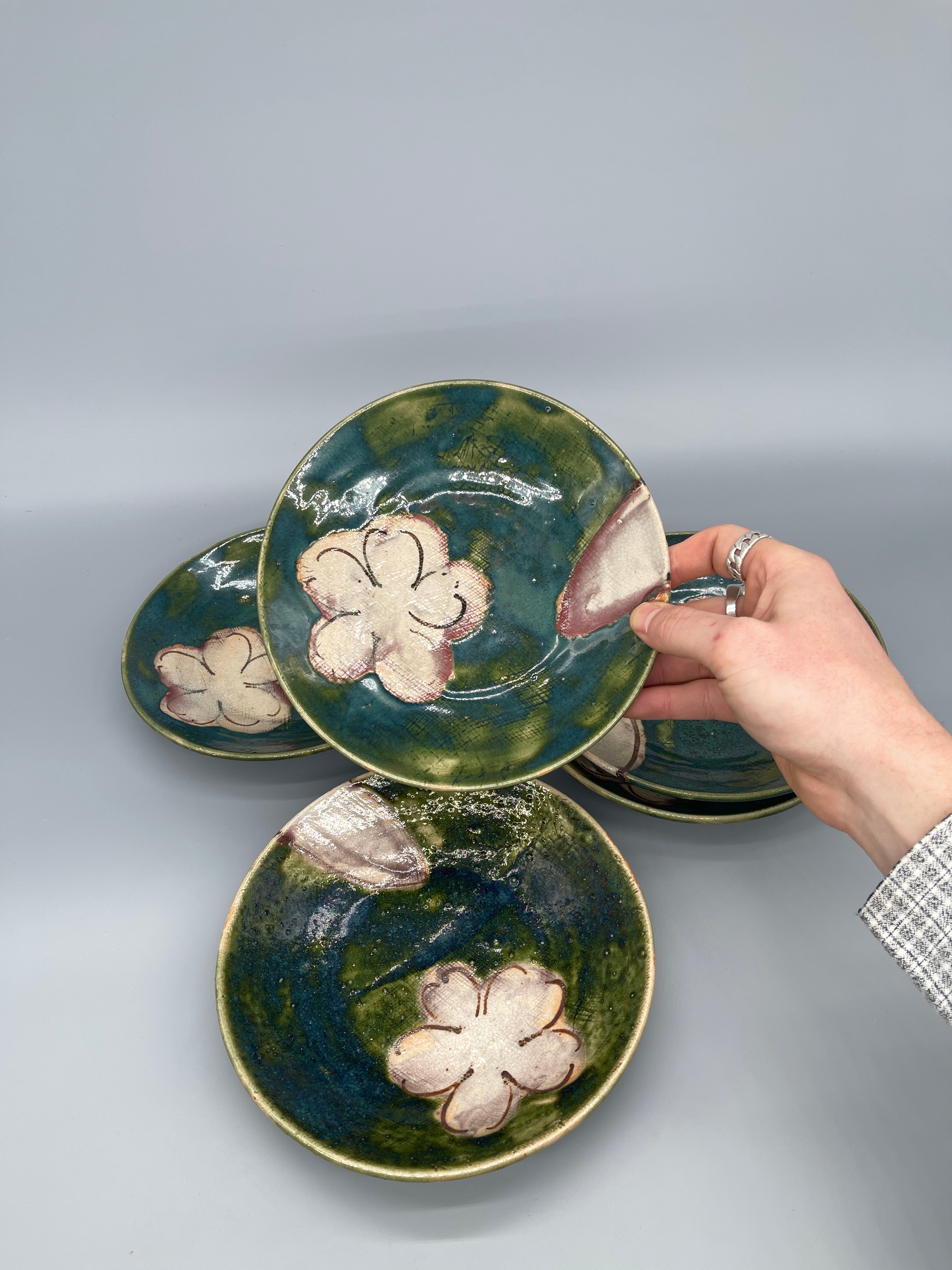 Set of Vintage Japanese Plates, Oribe Glaze