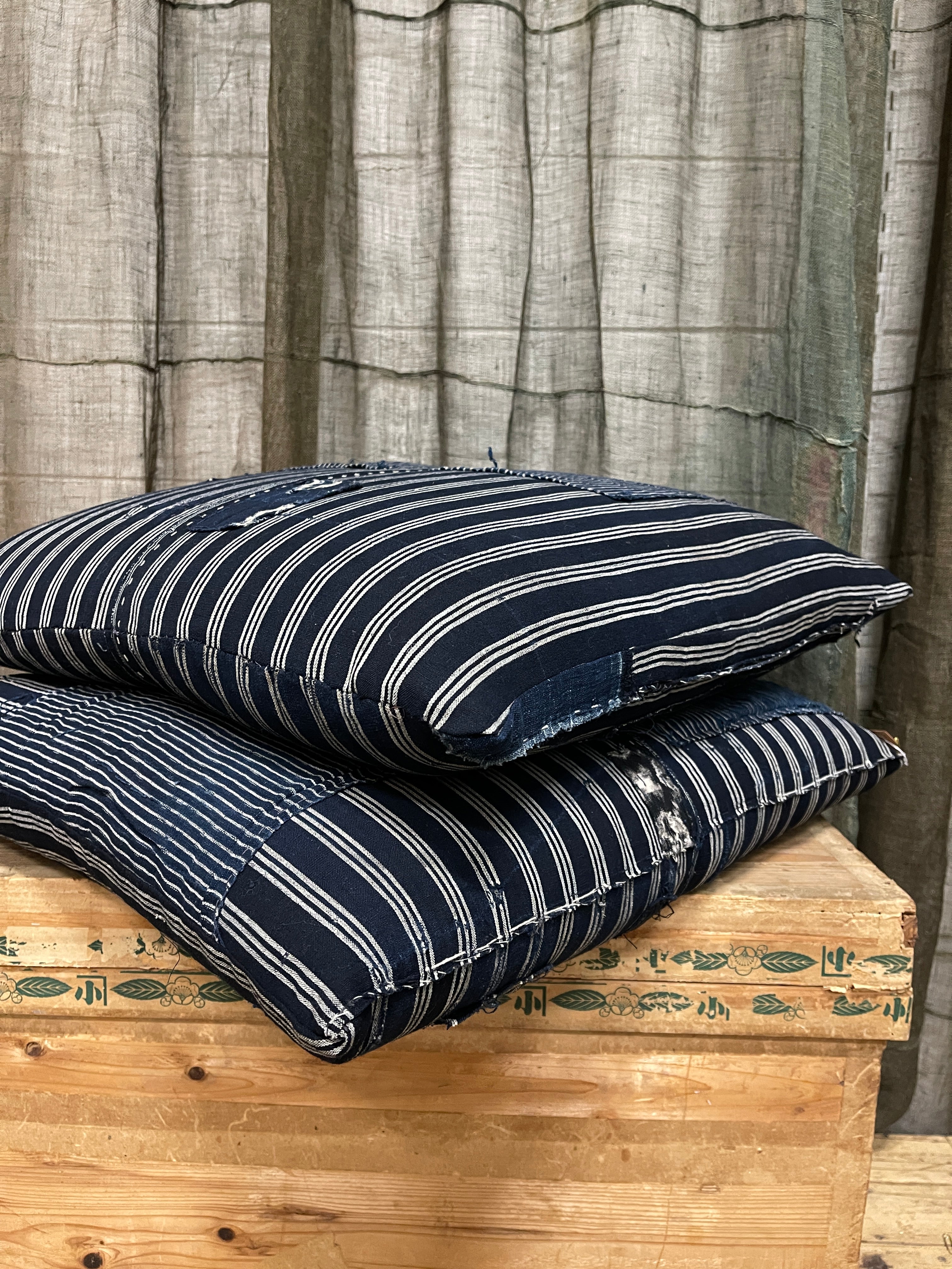 Japanese Floor Cushions Covered with Vintage Japanese Boro Fabric