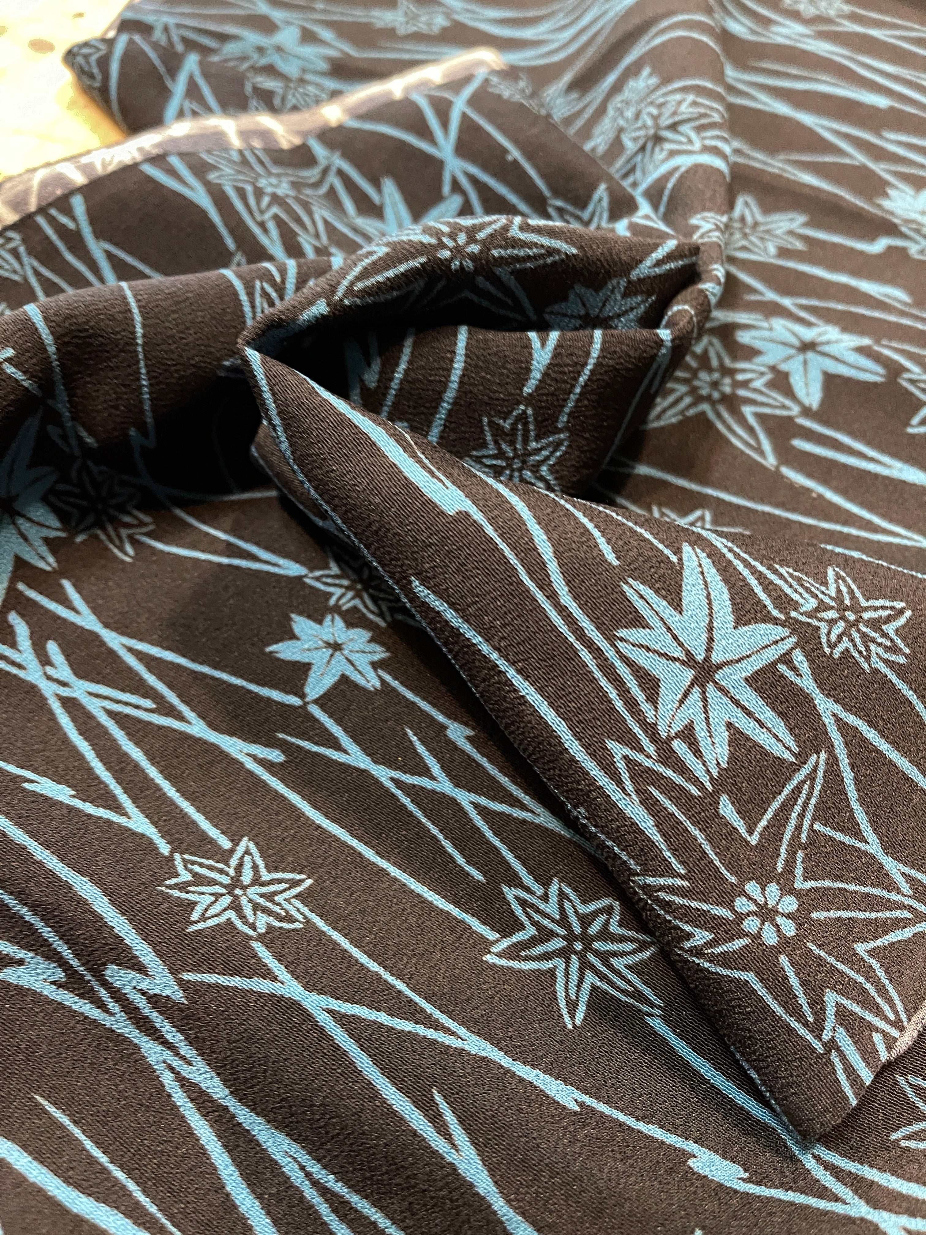Japanese Silk Fabric, Black & Blue Maple Leaves Pattern