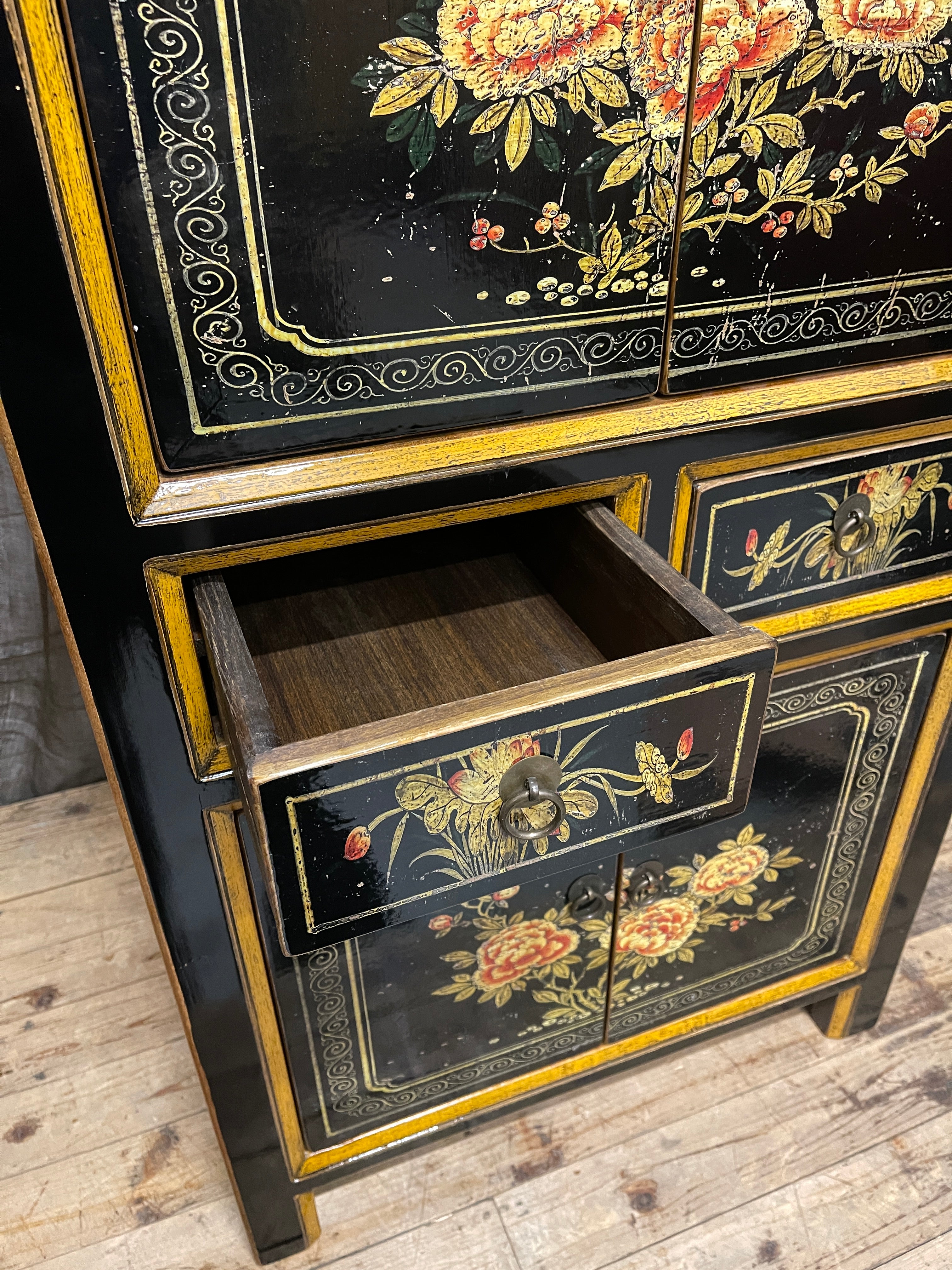 Provincial Style Chinese Black Lacquered Tall Cabinet