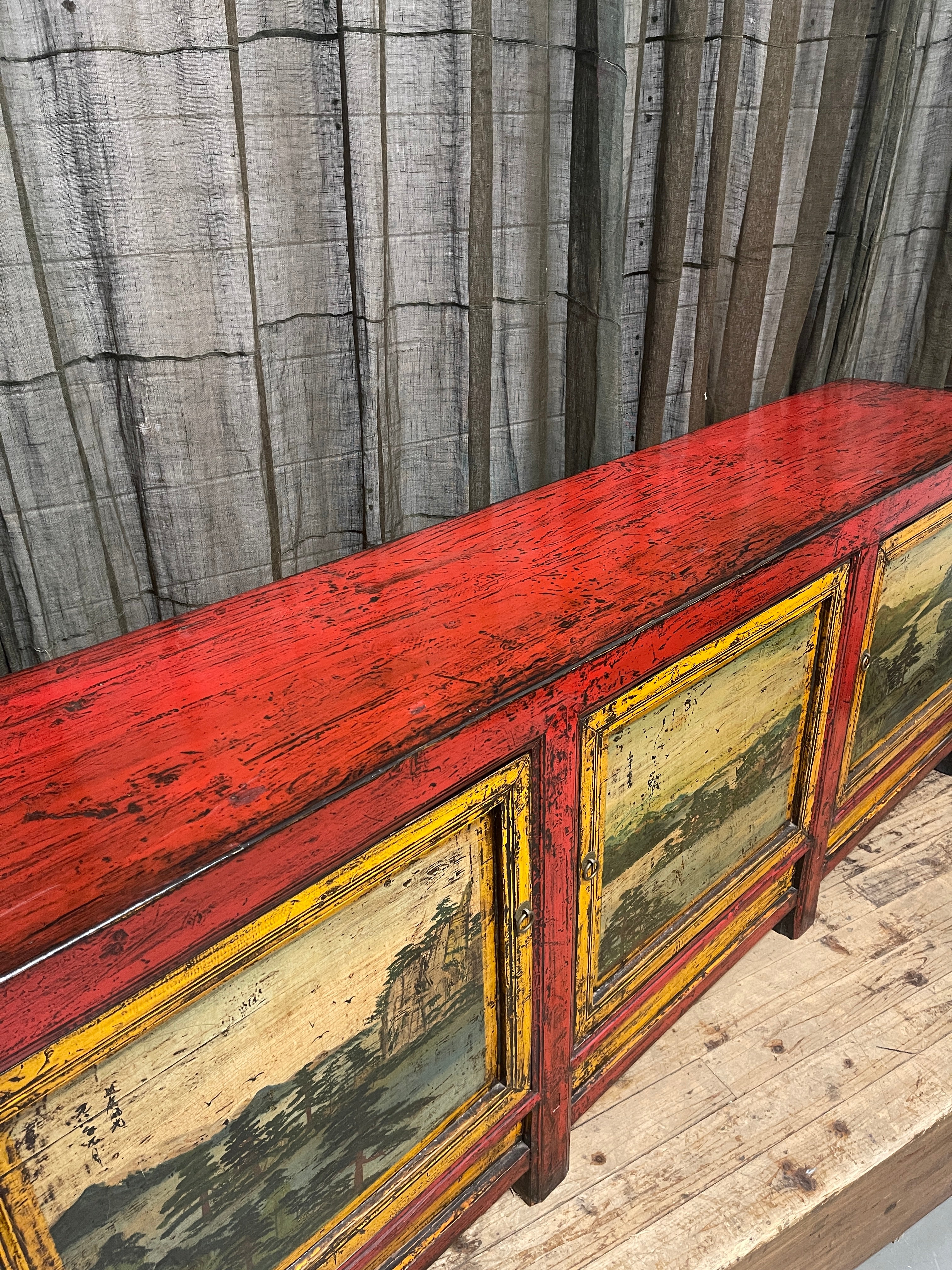 Antique Chinese Sideboard, Original Painted Finish, Landscape Panels
