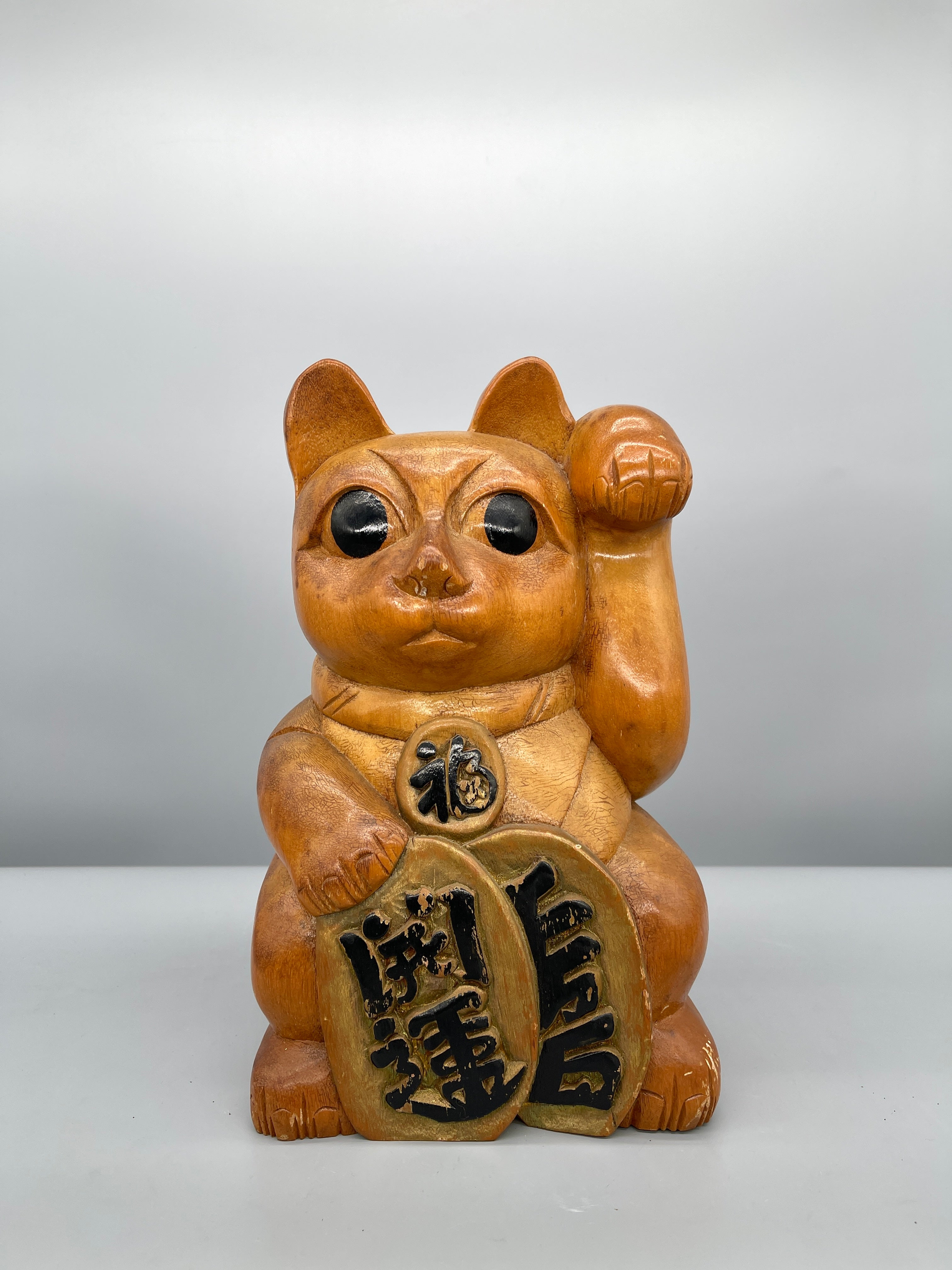 Rare Vintage Japanese Wooden Maneki Neko | c.1970
