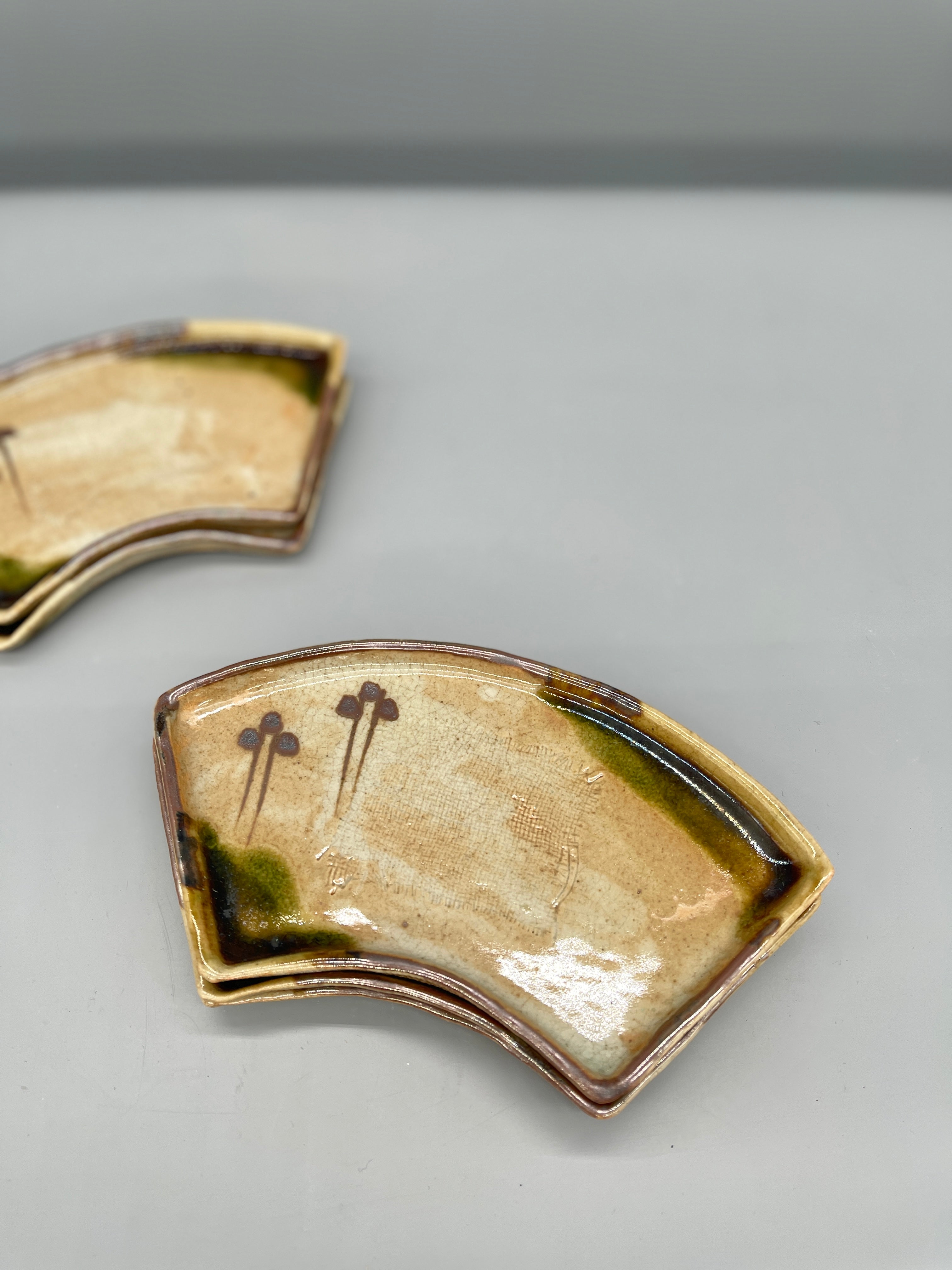 Set of 5 Vintage Japanese Fan-Shape Dishes, Oribe Glaze