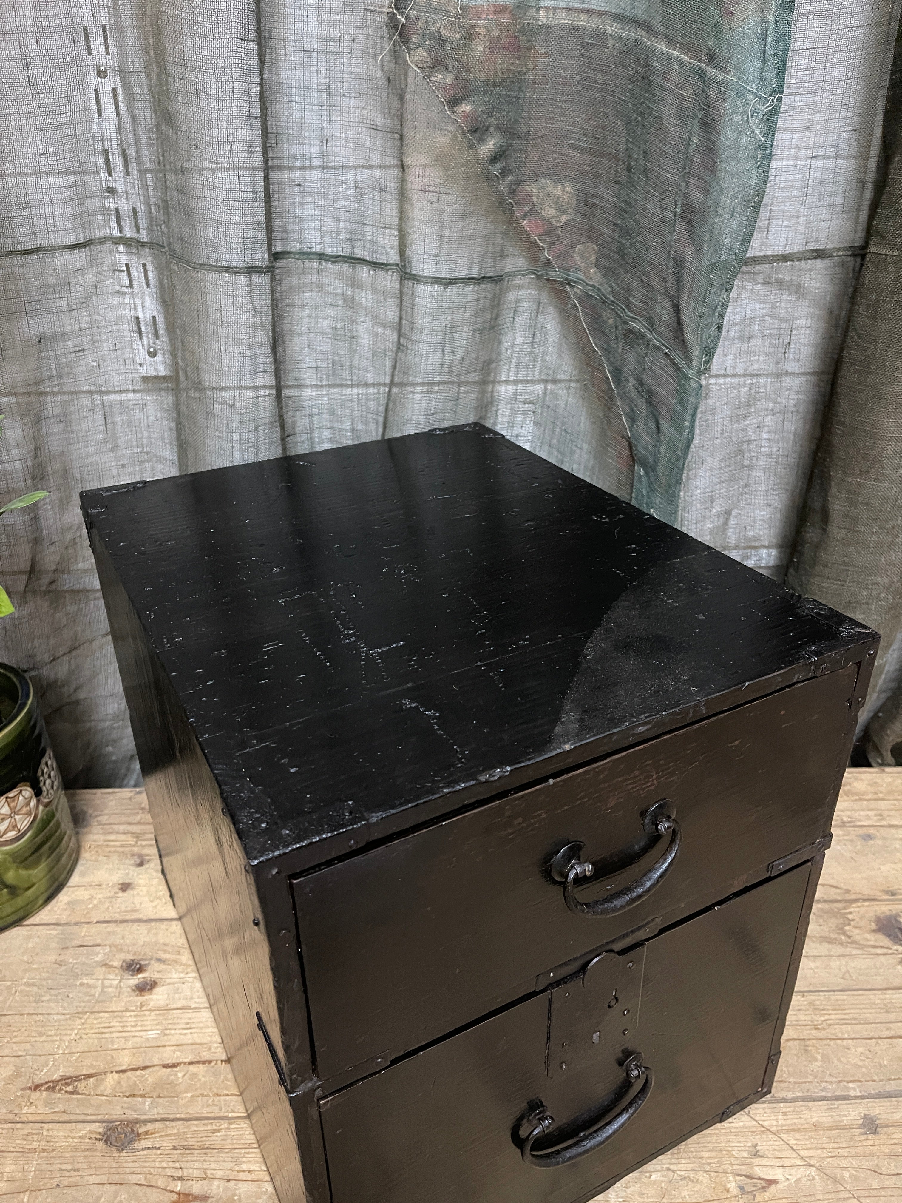 Japanese Black Lacquered Two-Drawer Chest - Cypress | Meiji