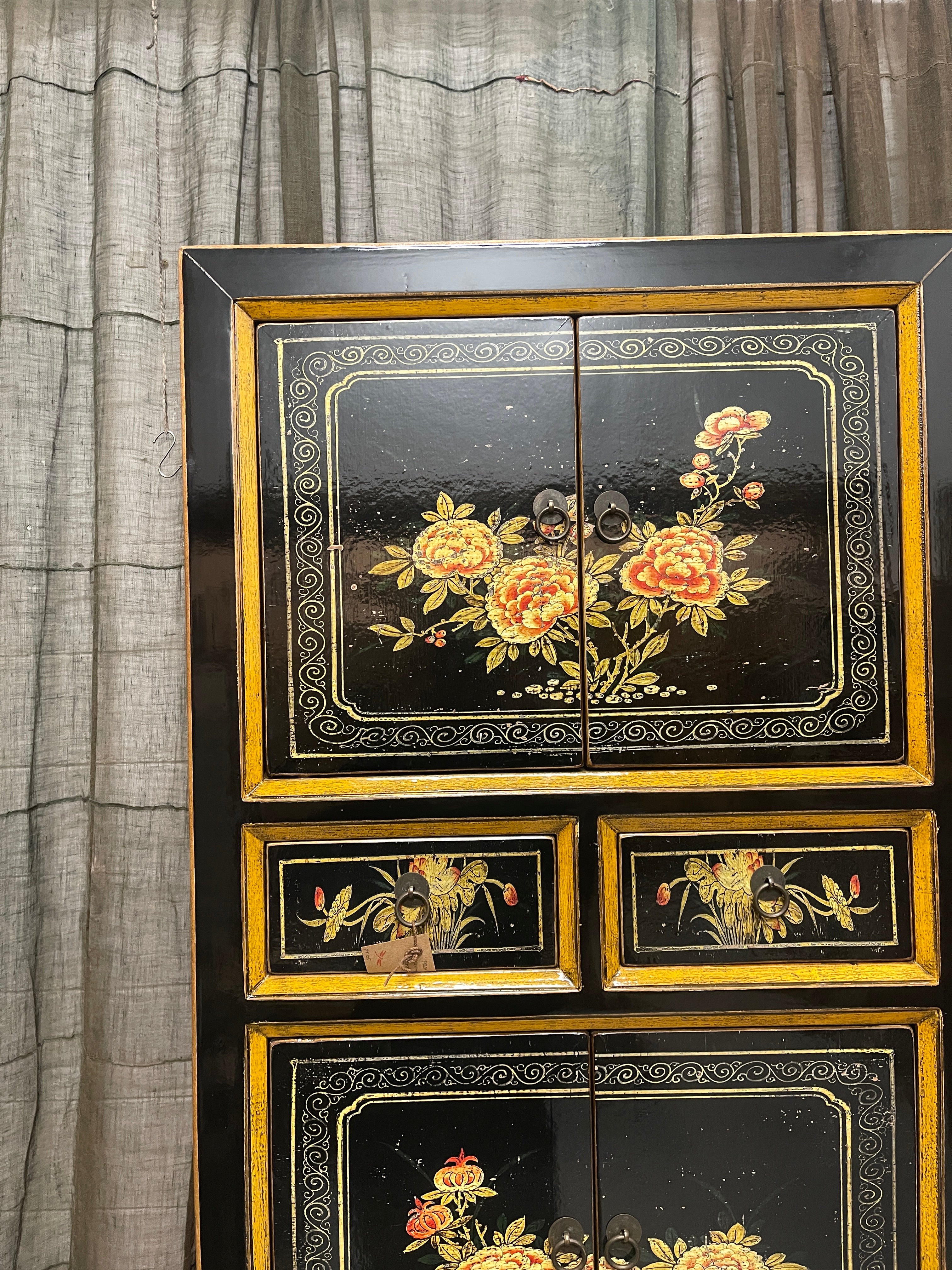 Provincial Style Chinese Black Lacquered Tall Cabinet
