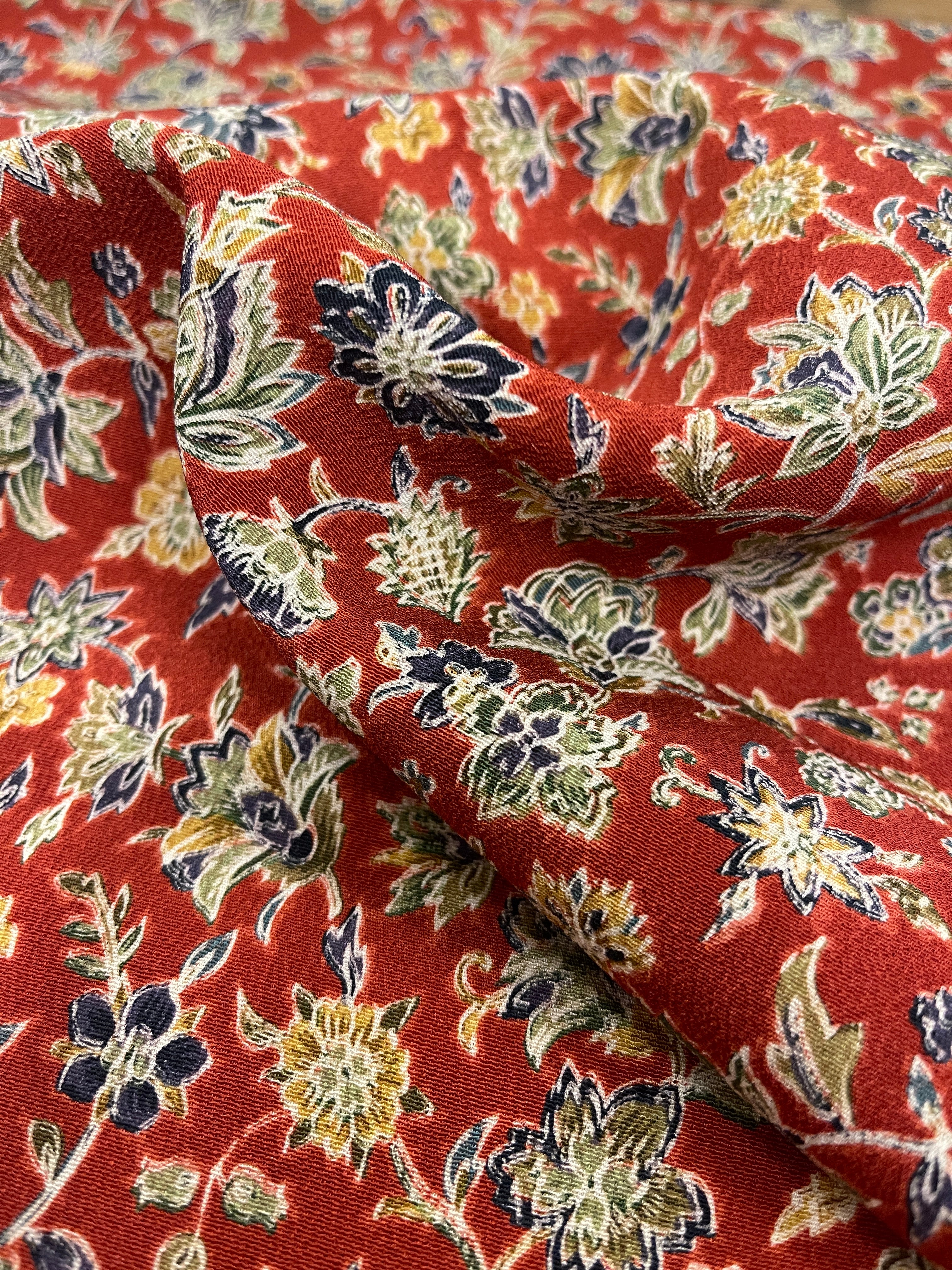 Japanese Silk Fabric, Red with Blue Florals