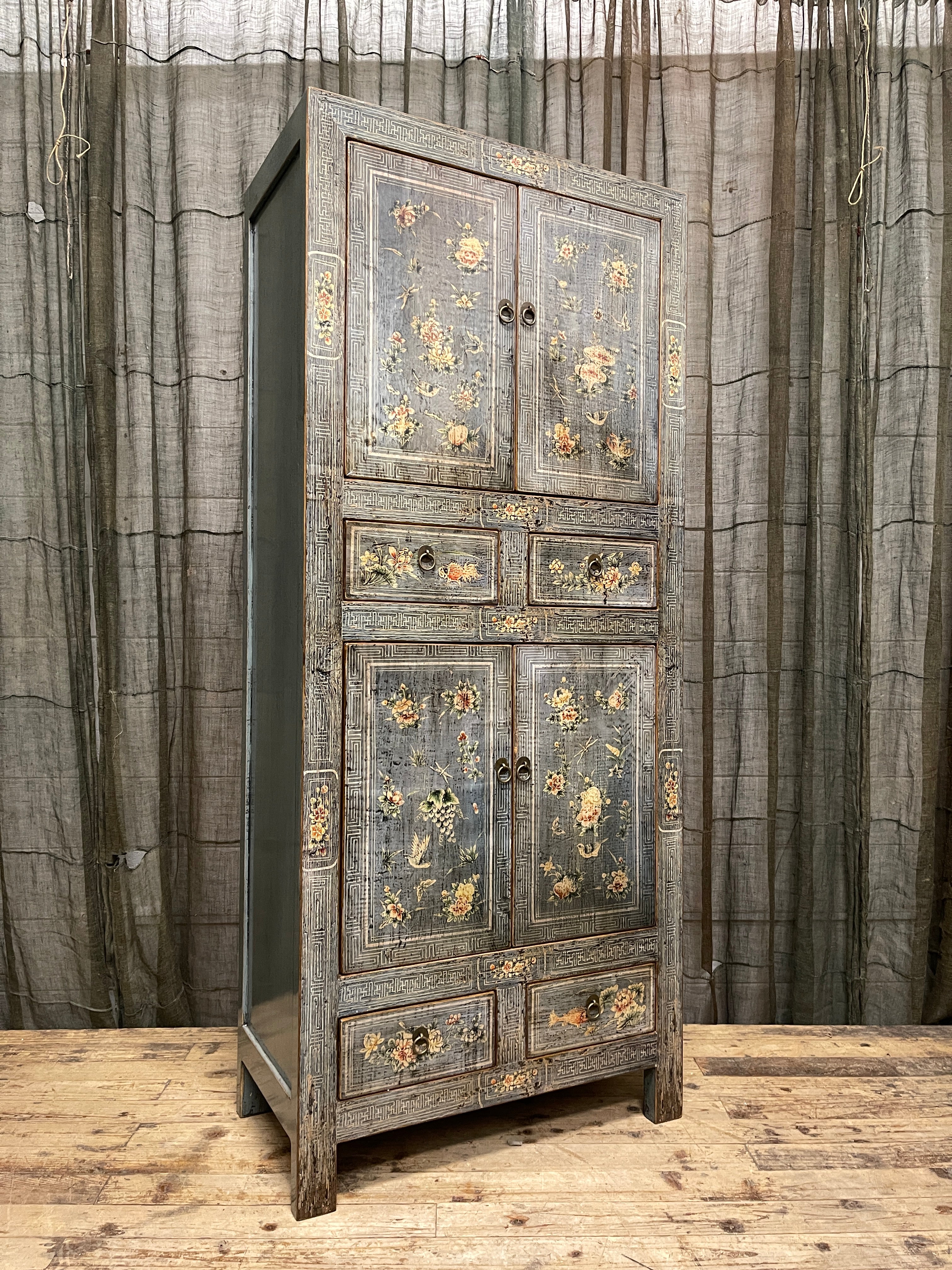 Chinese Grey Lacquered Storage Cabinet, Floral Panels
