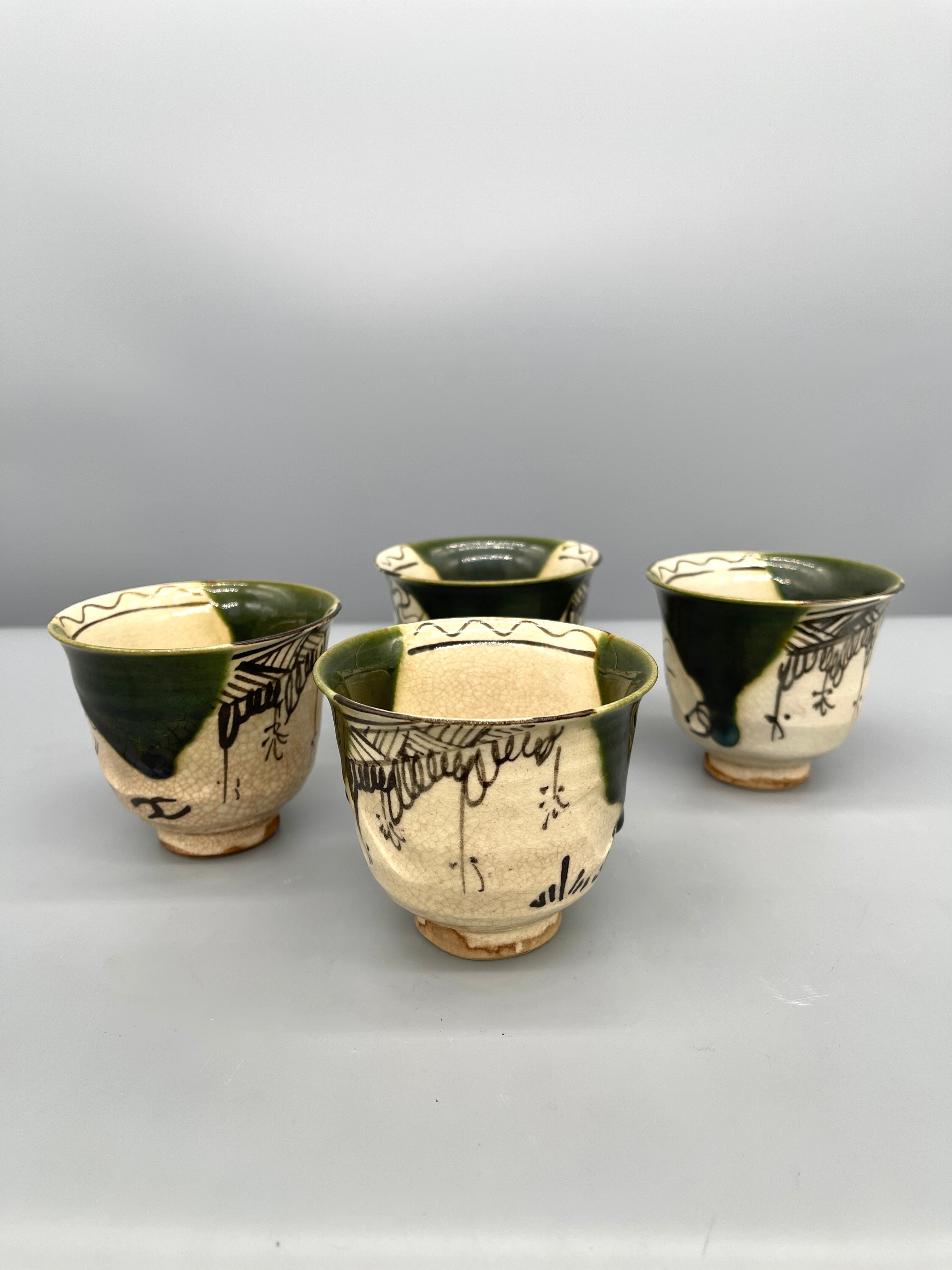 A Set Of Vintage Japanese Tea Cups, Green Oribe Glaze