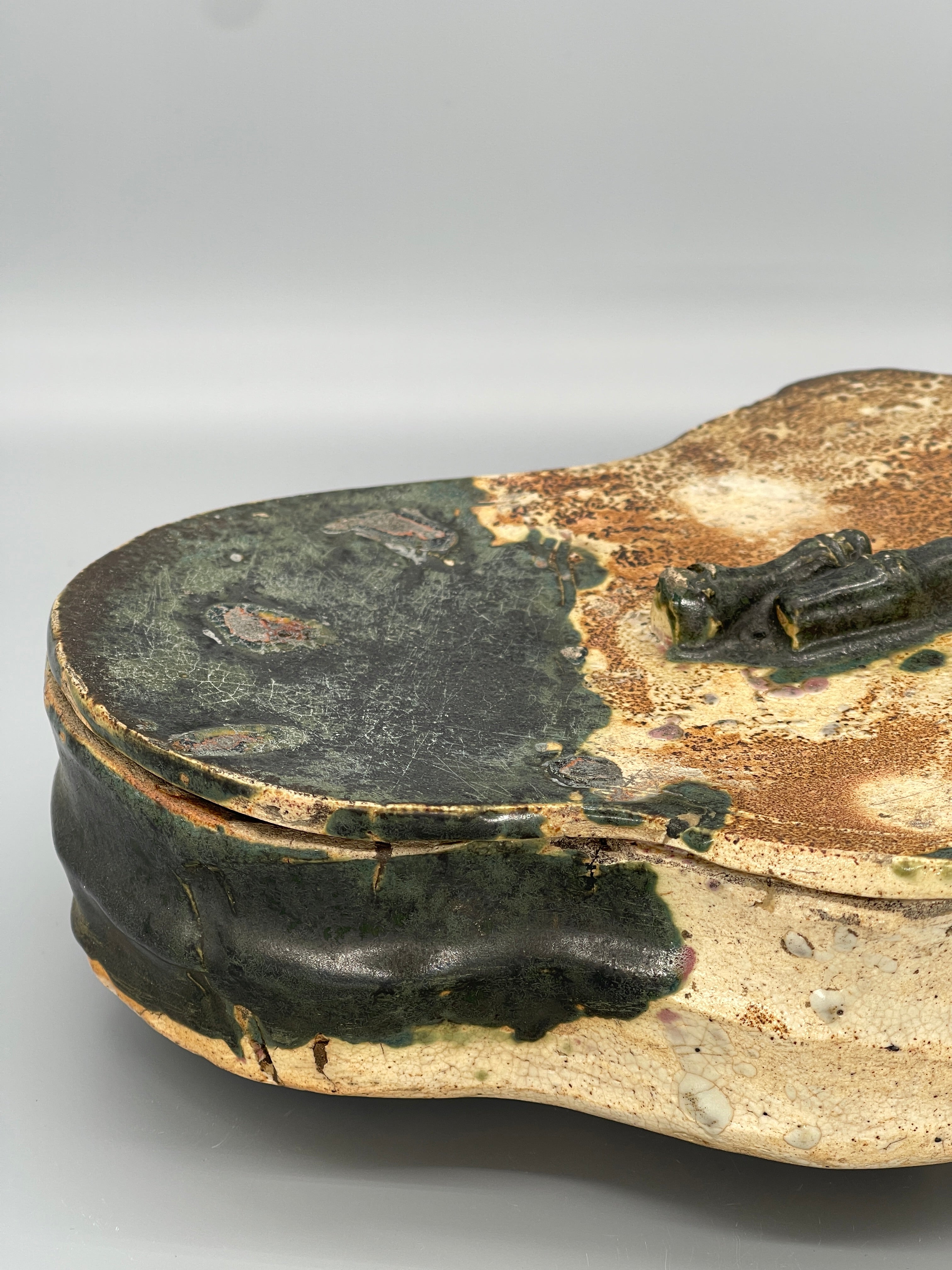 Antique Japanese Oribe Style Lidded Sweets Bowl