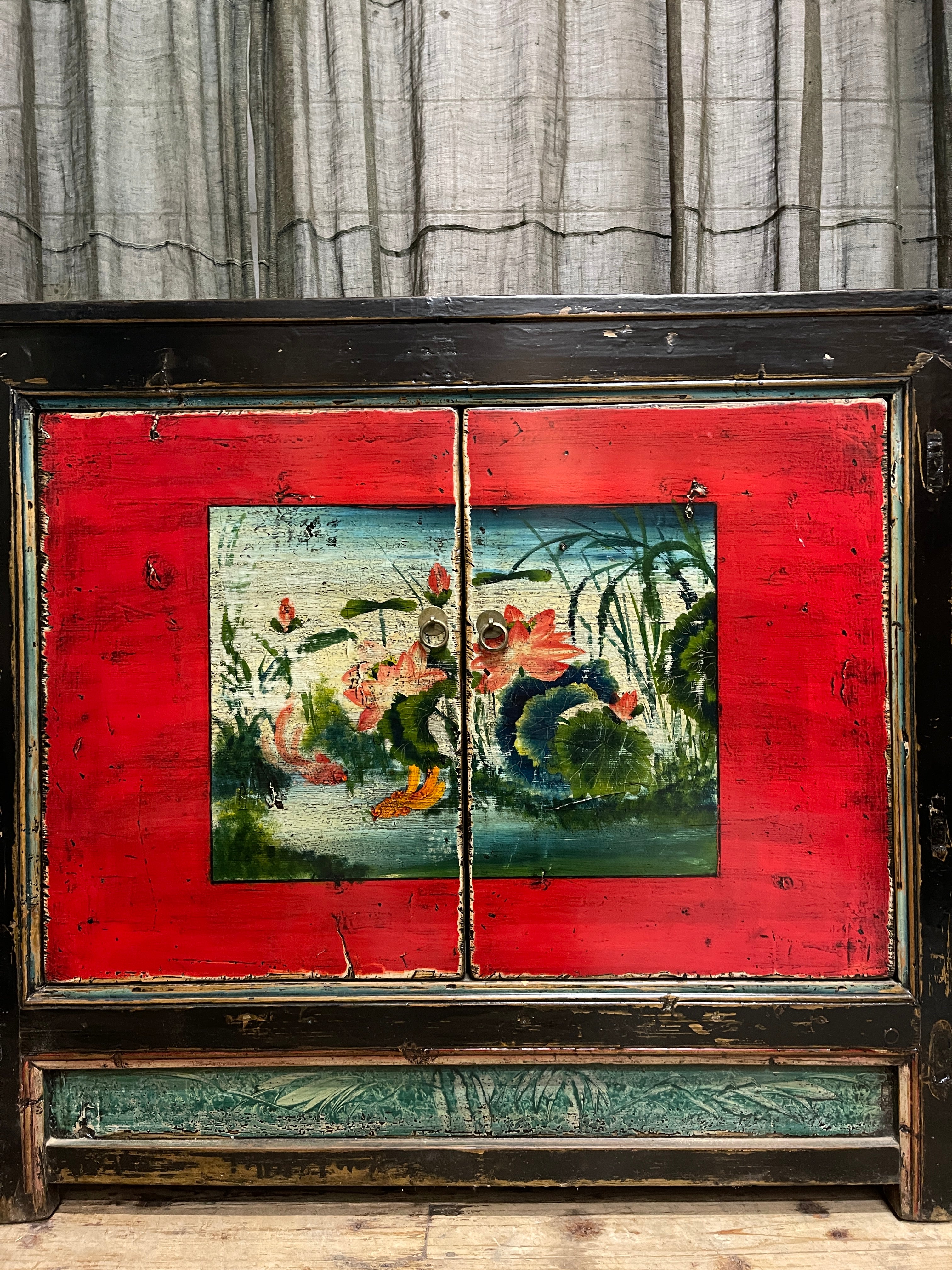 Antique Chinese Sideboard, Original Painted Finish, Floral & Lotus Panels