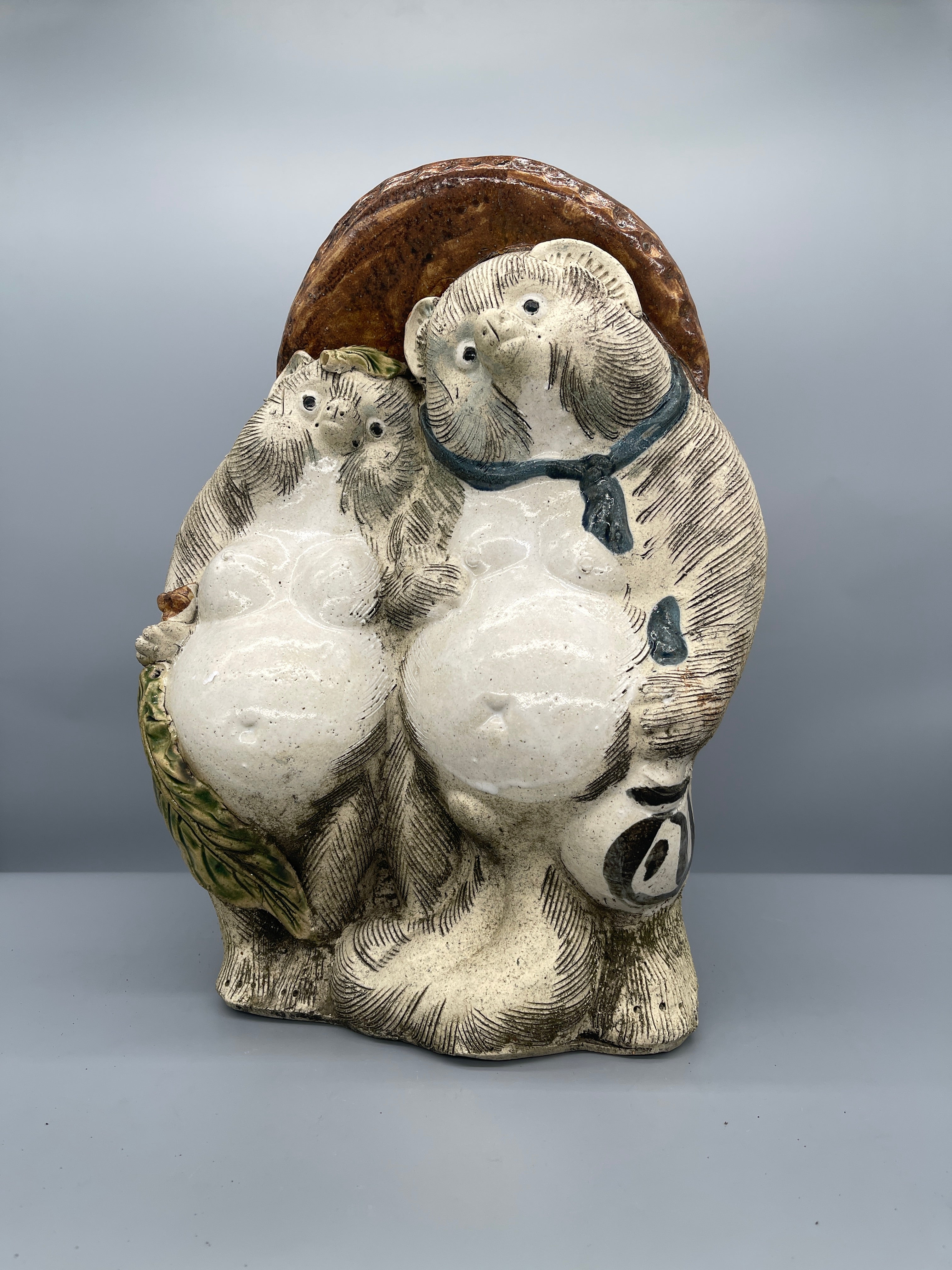 Vintage Tanuki Couple Statue, Hand-Crafted Pottery