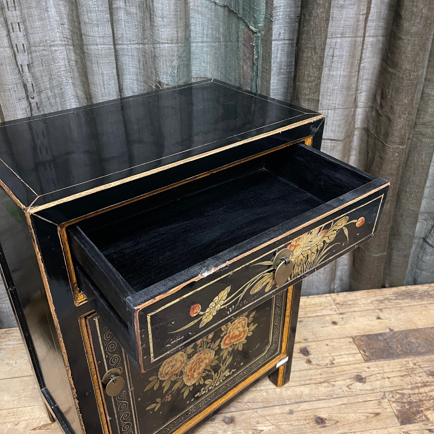 Provincial Style Chinese Black Lacquered Side Cabinet