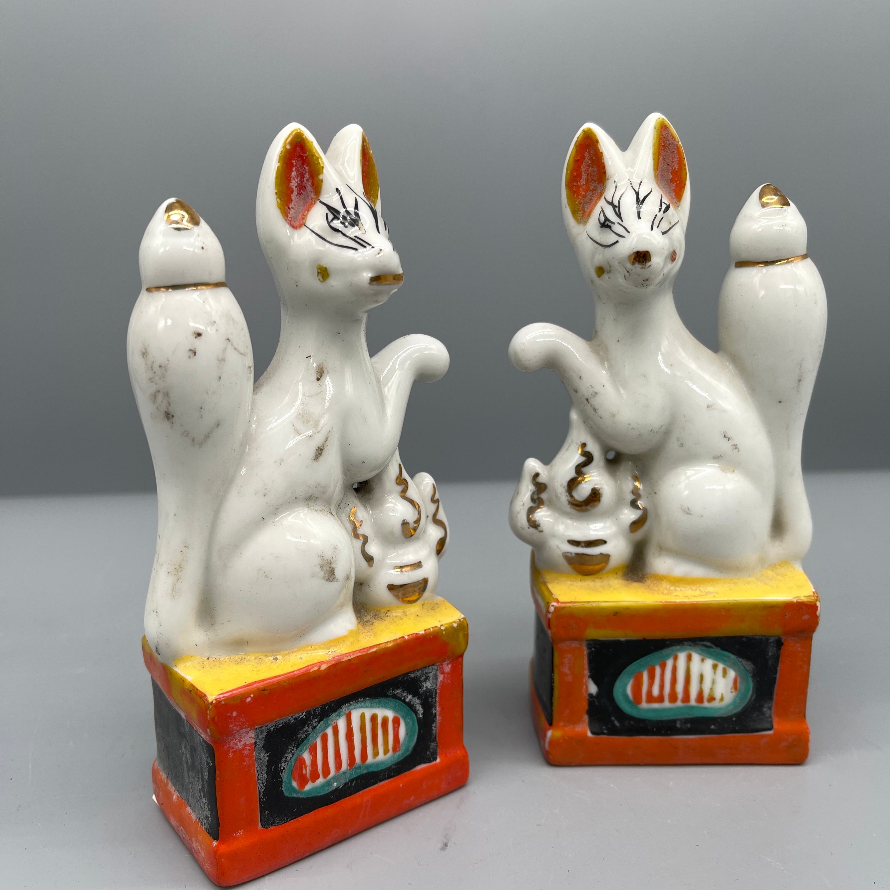 Pair of Vintage Japanese Porcelain Kitsune Statues