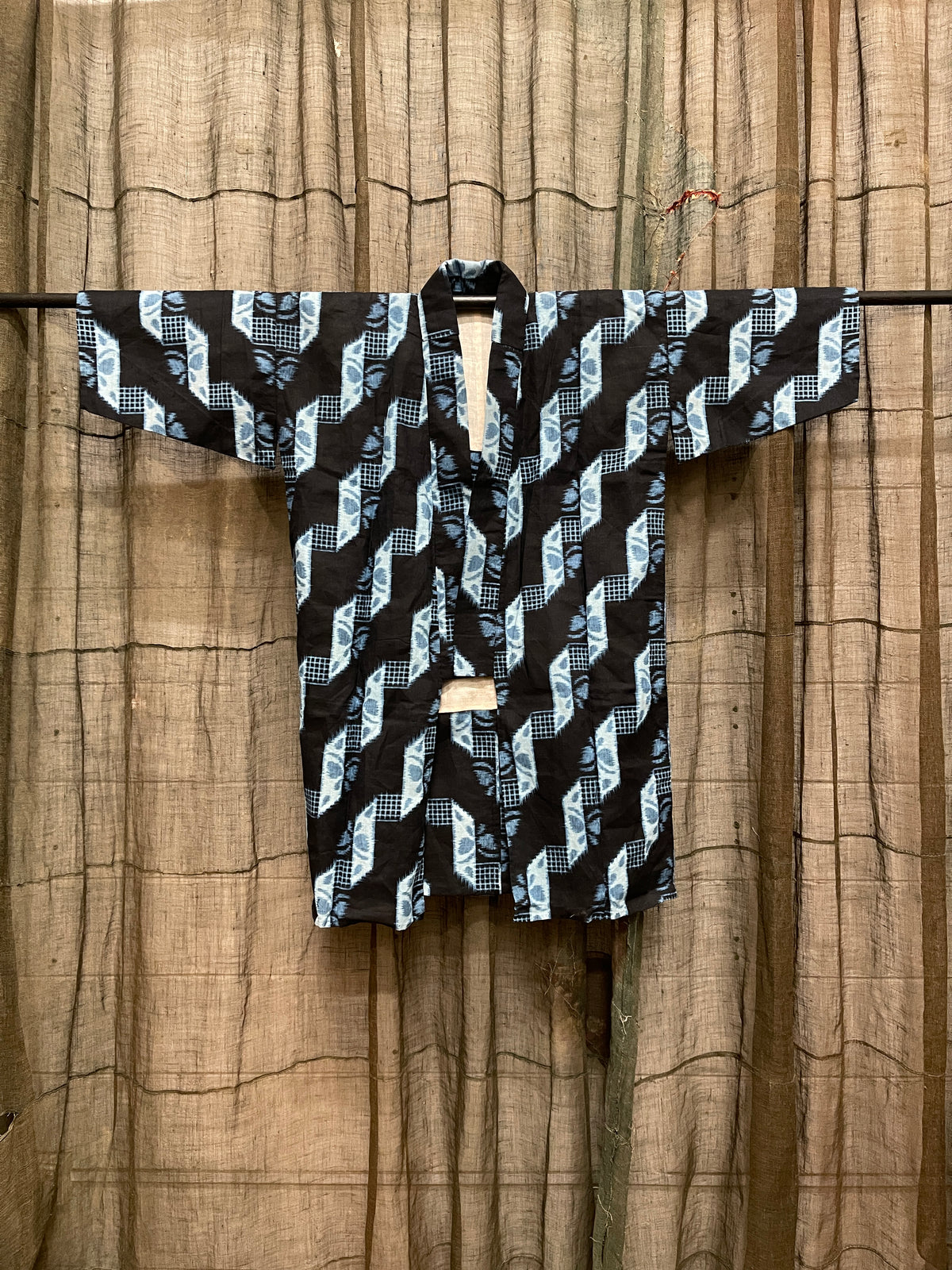 Vintage Japanese Cotton Kasuri Haori, Chevron & Checkerboard Pattern