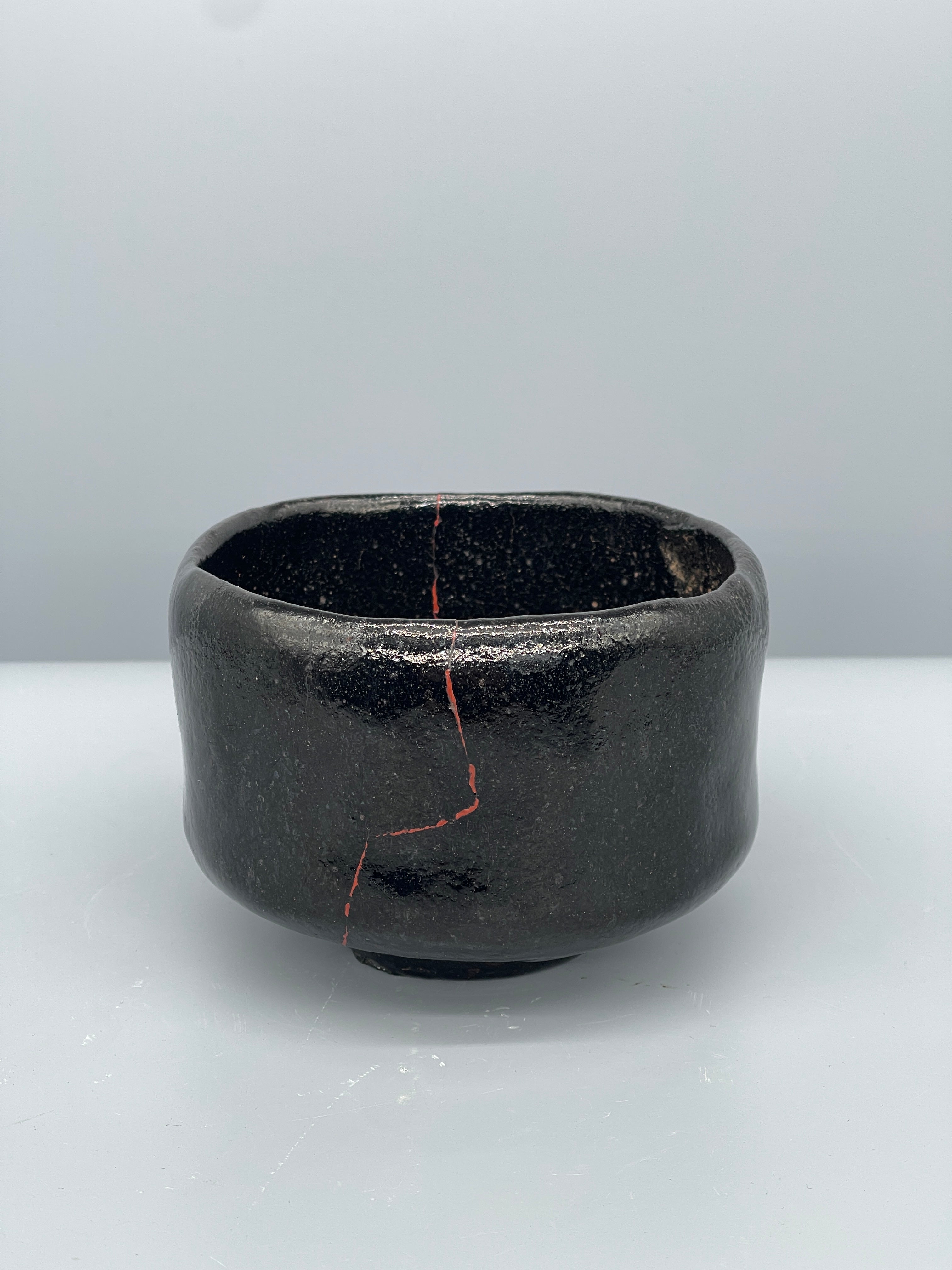 Vintage Japanese Kuro Raku Chawan, Lacquer Repair