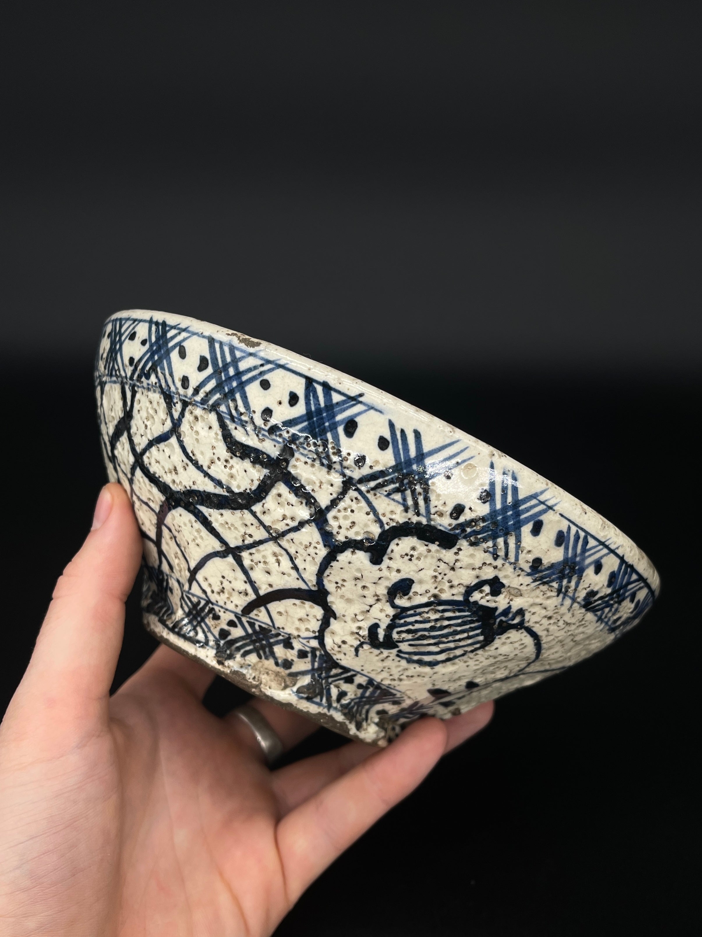 Antique Japanese Blue & White Bowl with Rich Textural Design