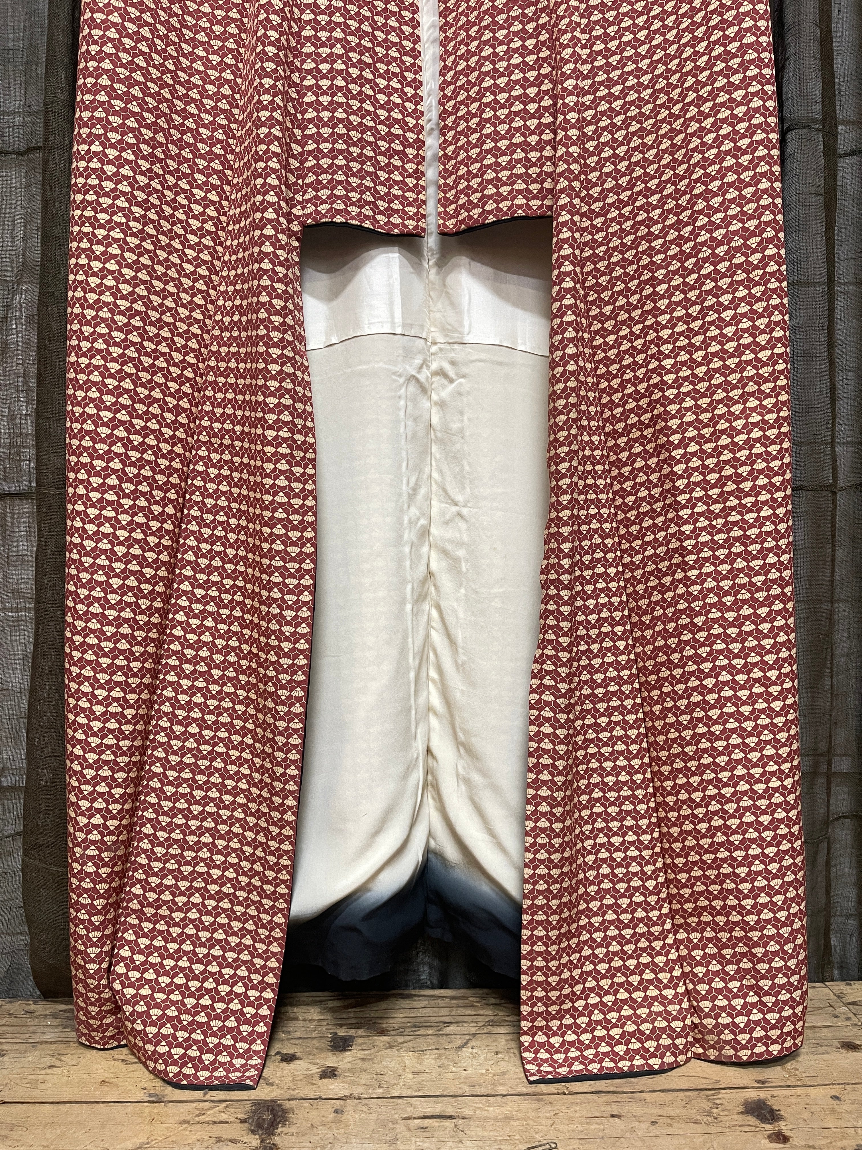 Vintage Japanese Silk Kimono | Red Fan Pattern