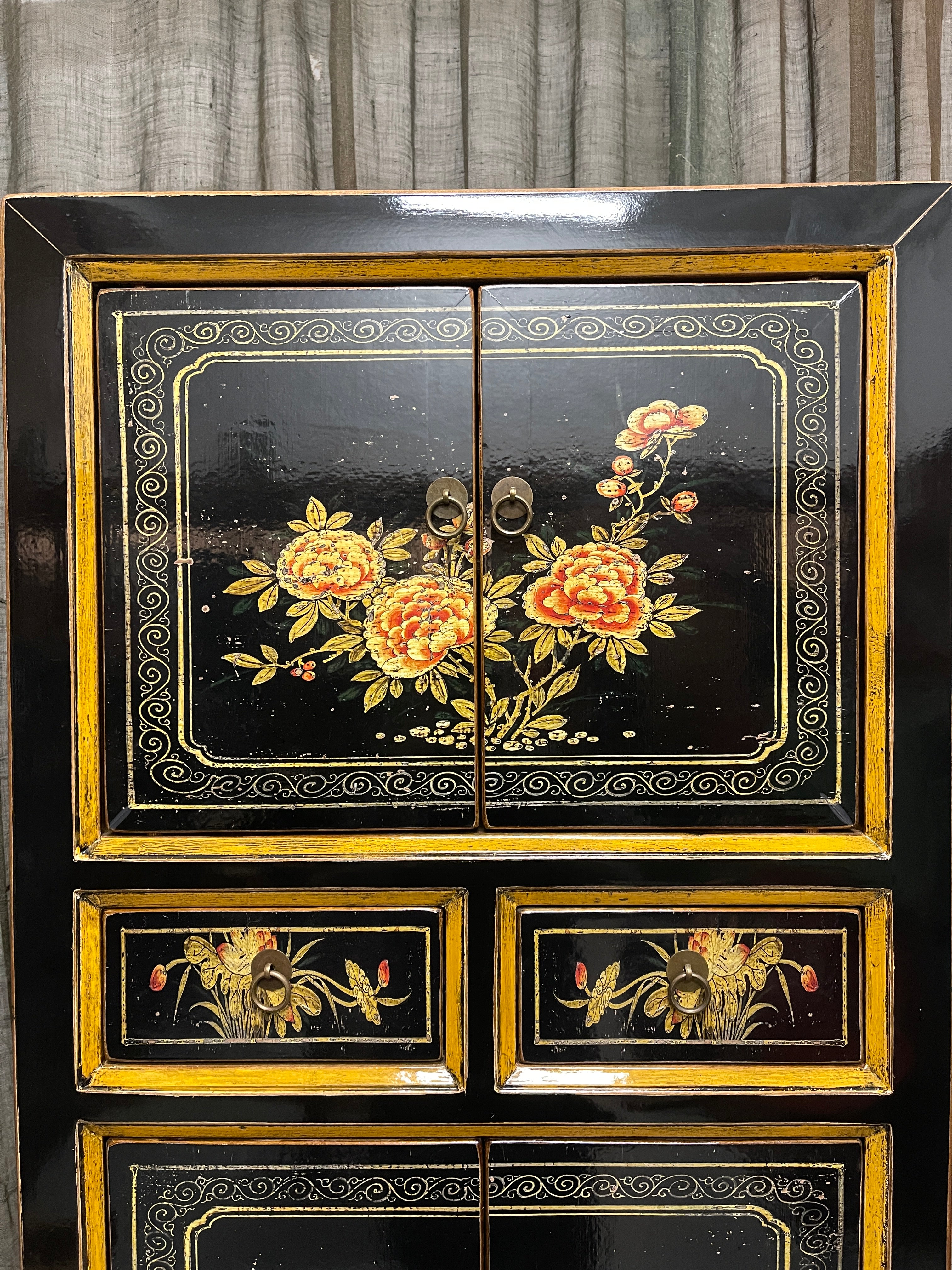 Chinese Black Lacquered Storage Cabinet, Gold Bordered Floral Panels