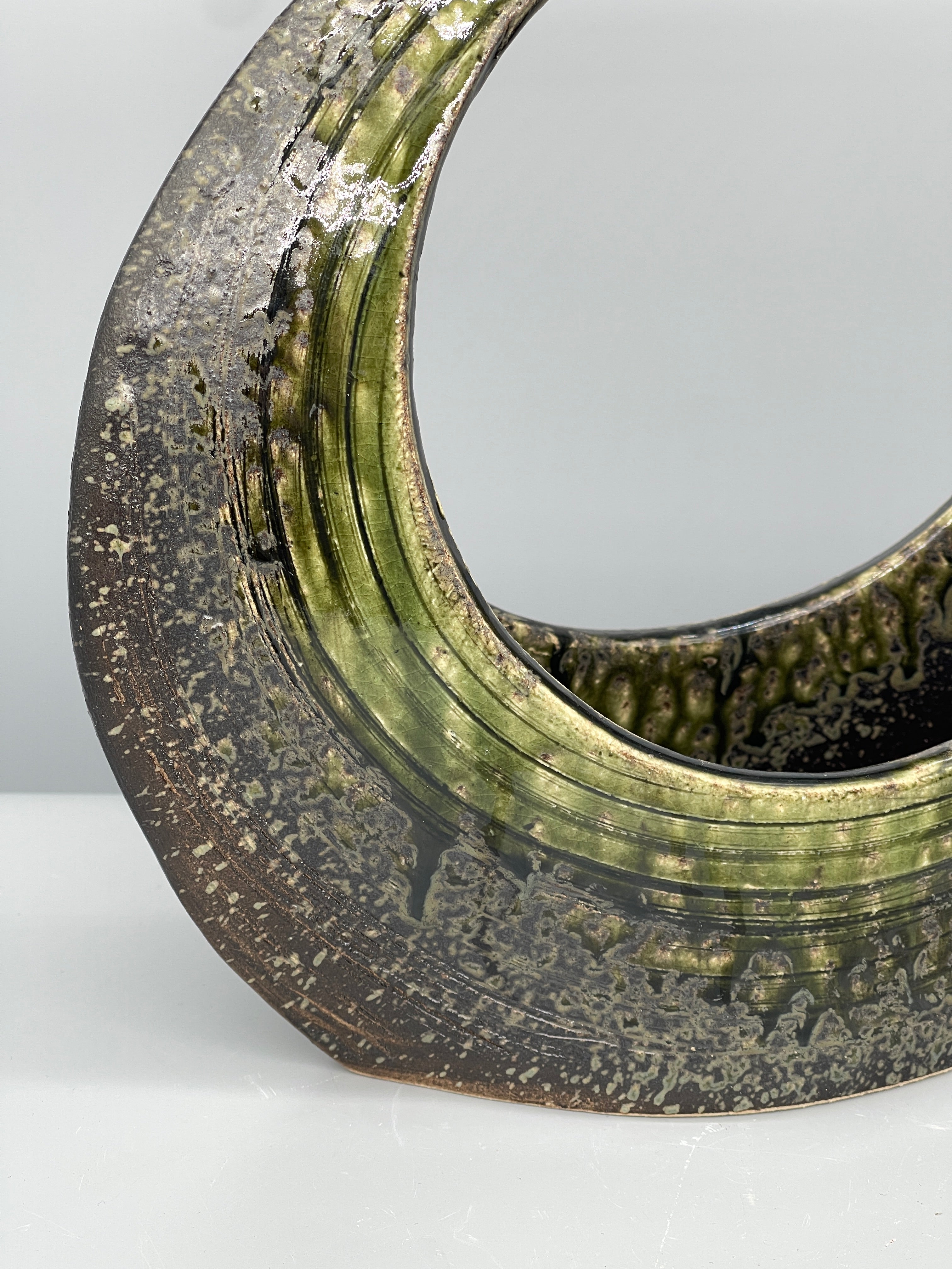 Midcentury Japanese Round Ikebana Vase, Earthy Green Glaze