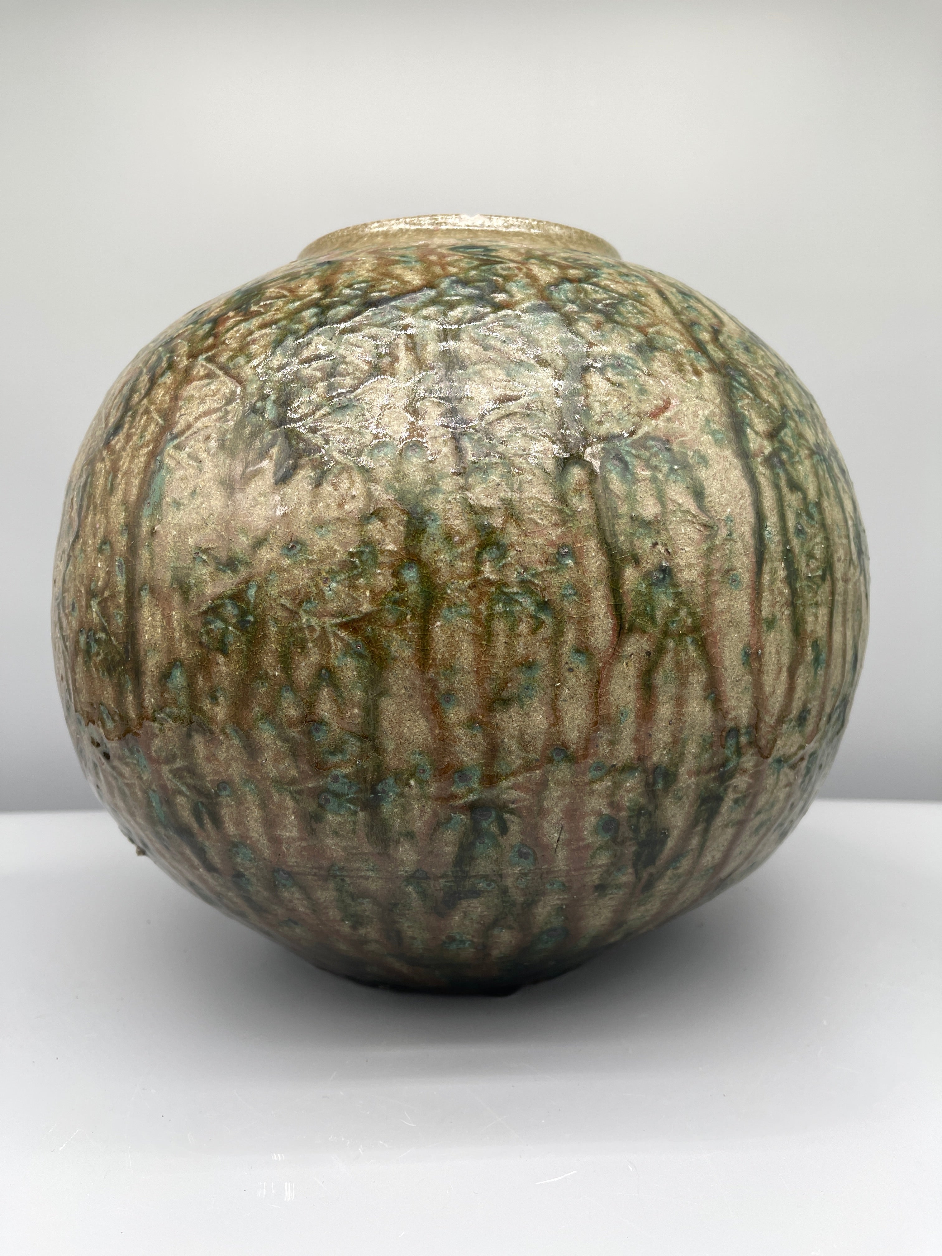 Large Vintage Japanese Round Vase - Green Moss Glaze
