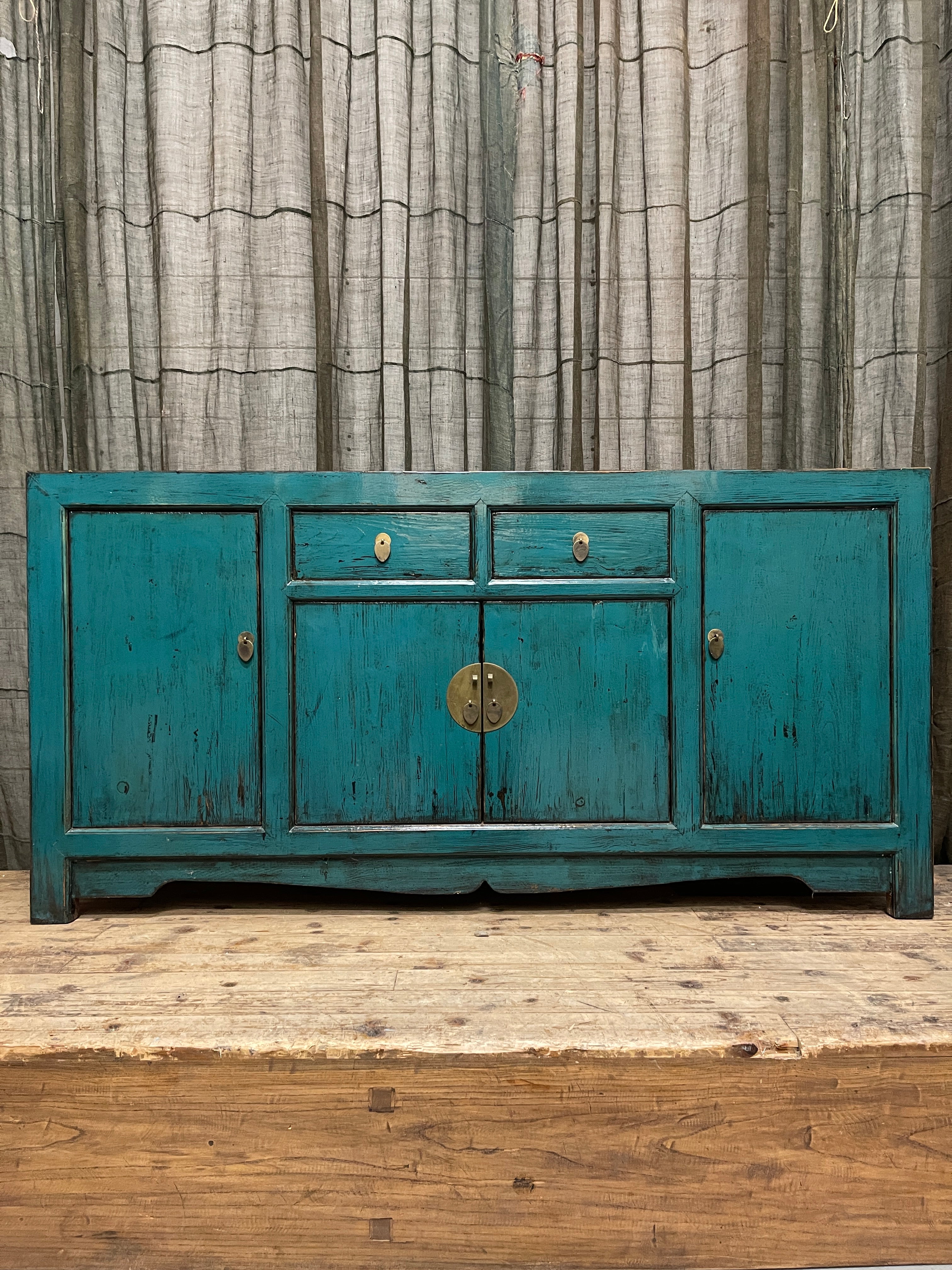 Chinese Teal Lacquered Cabinet, Round Medallion Pull