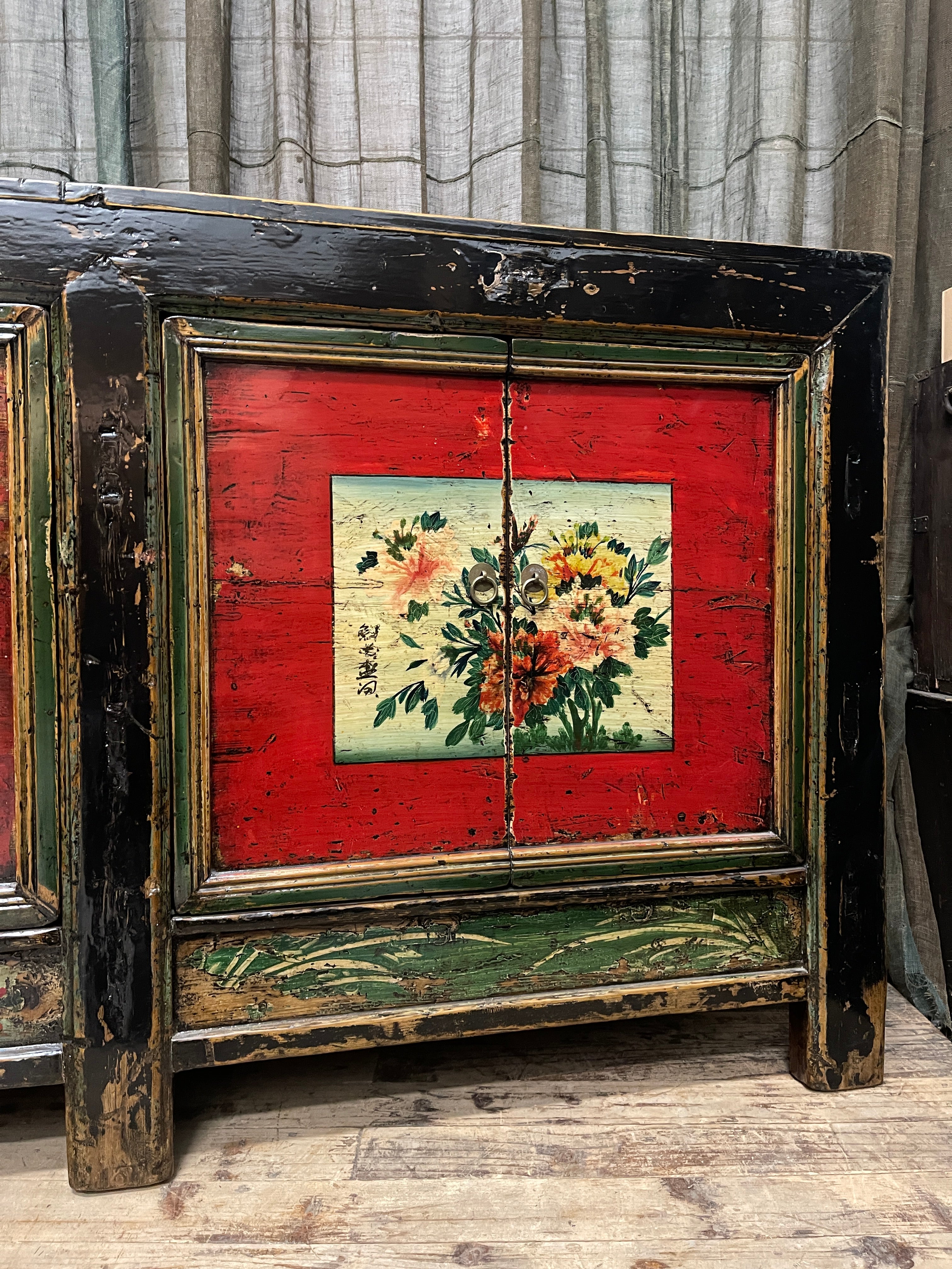 Antique Chinese Sideboard, Original Painted Finish, Floral Panels