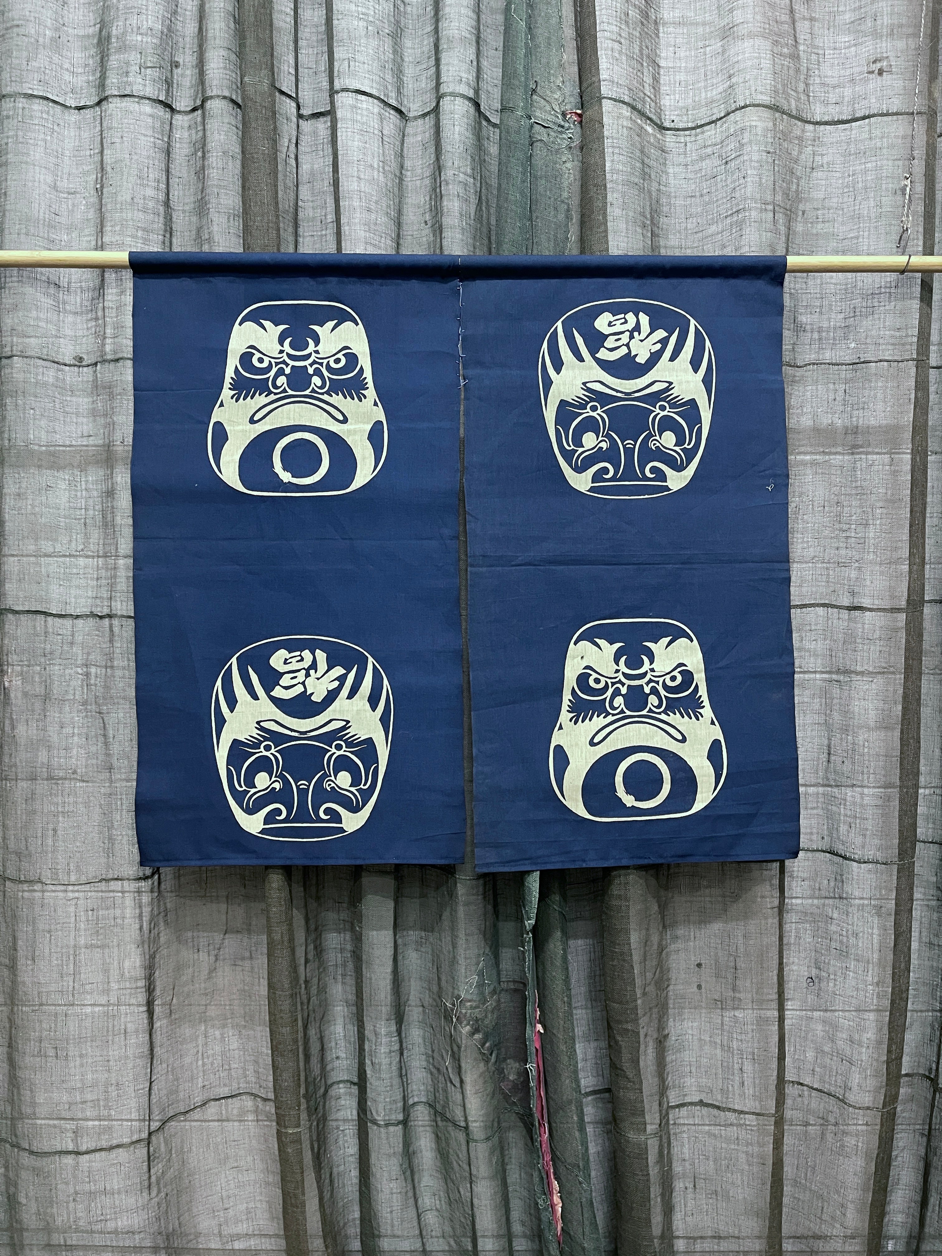 Vintage Japanese Noren, Indigo Cotton with Daruma Motif
