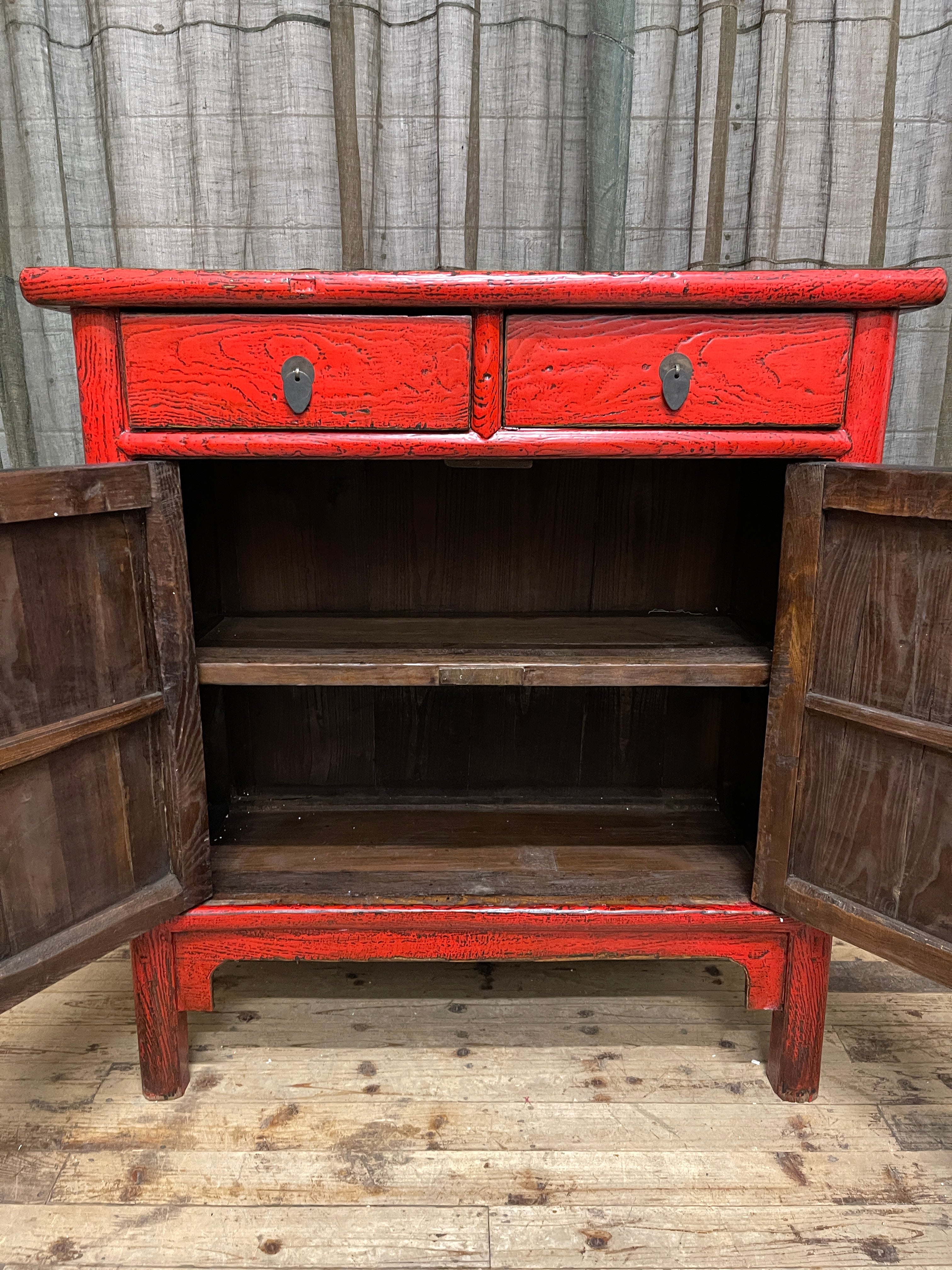 Antique Chinese Red Lacquered Cabinet, 2 Drawer