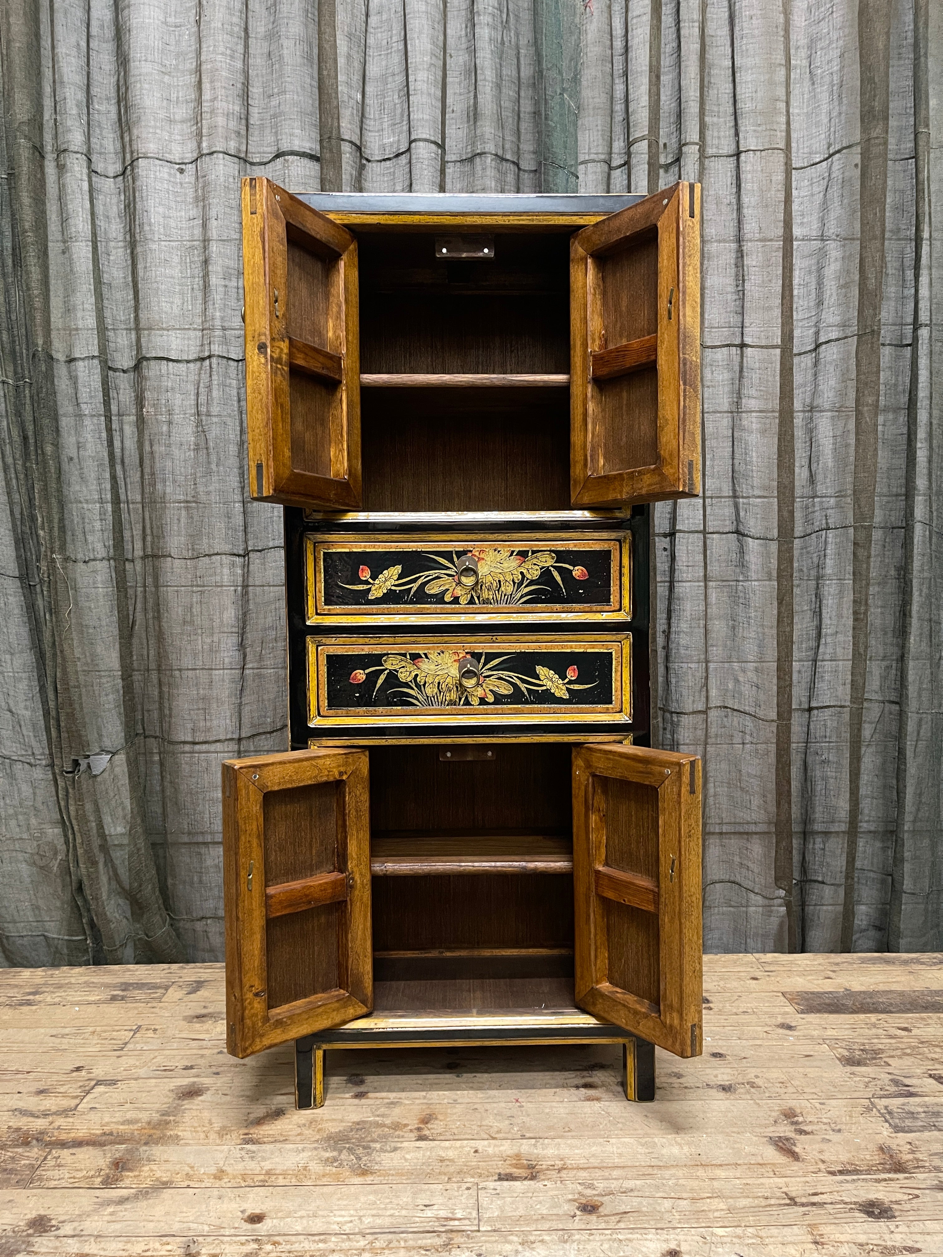 Chinese Black Lacquered Storage Cabinet, Floral Panels