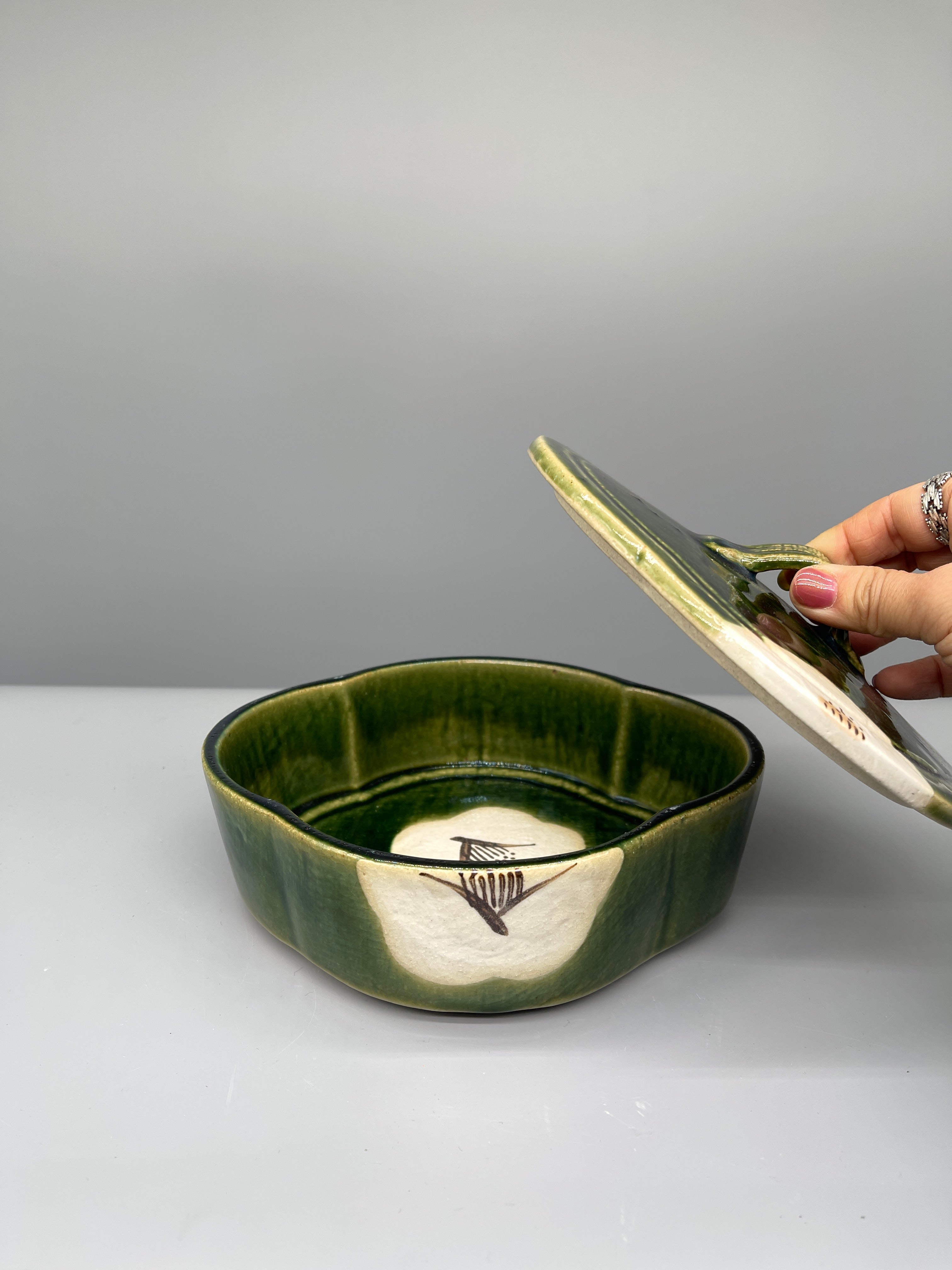 Vintage Japanese Oribe Style Lidded Sweets Bowl
