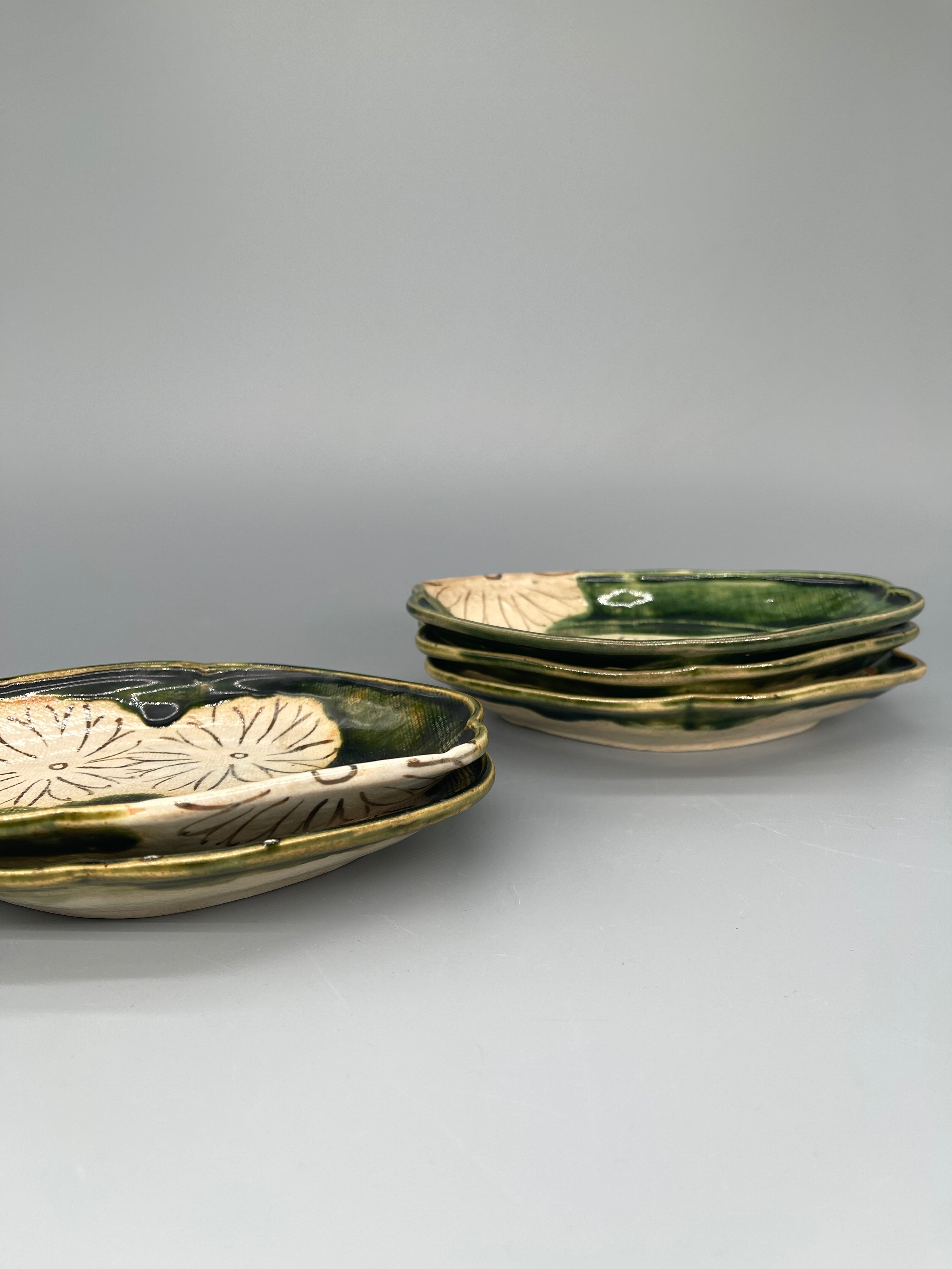 Set of Five Vintage Japanese Side Plates, Oribe Glaze