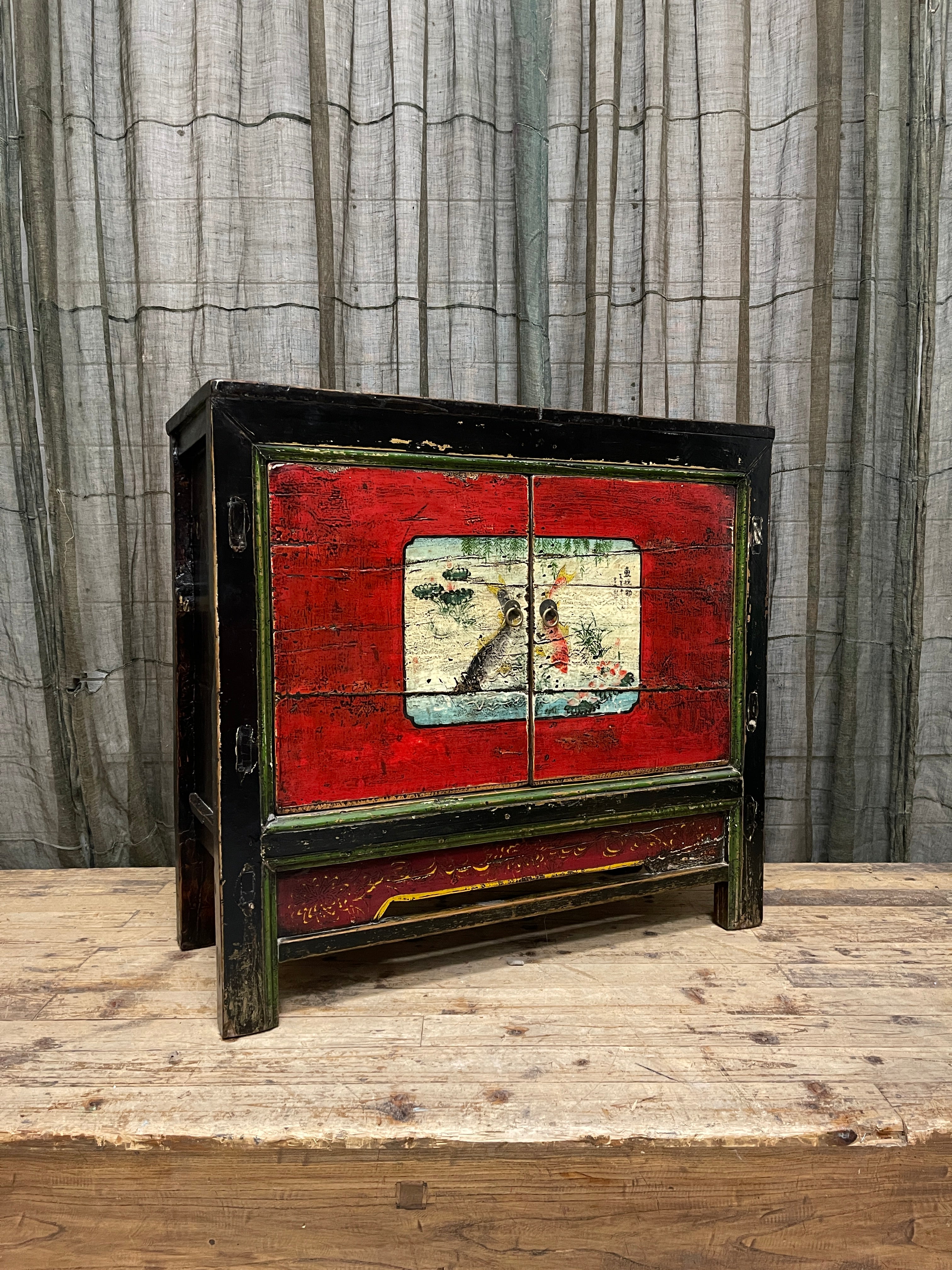 Antique Chinese Cabinet, Original Painted Finish, Koi & Floral Panel