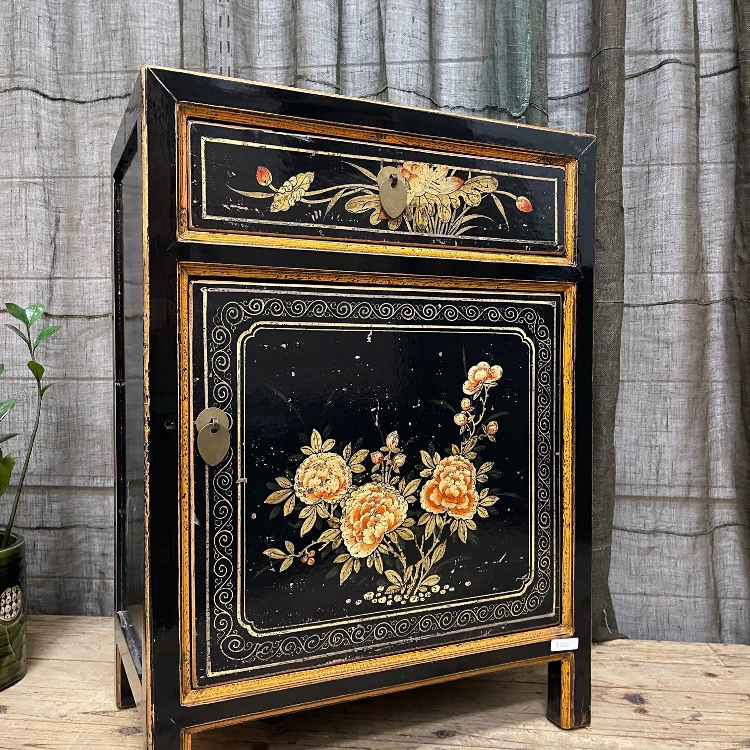 Provincial Style Chinese Black Lacquered Side Cabinet