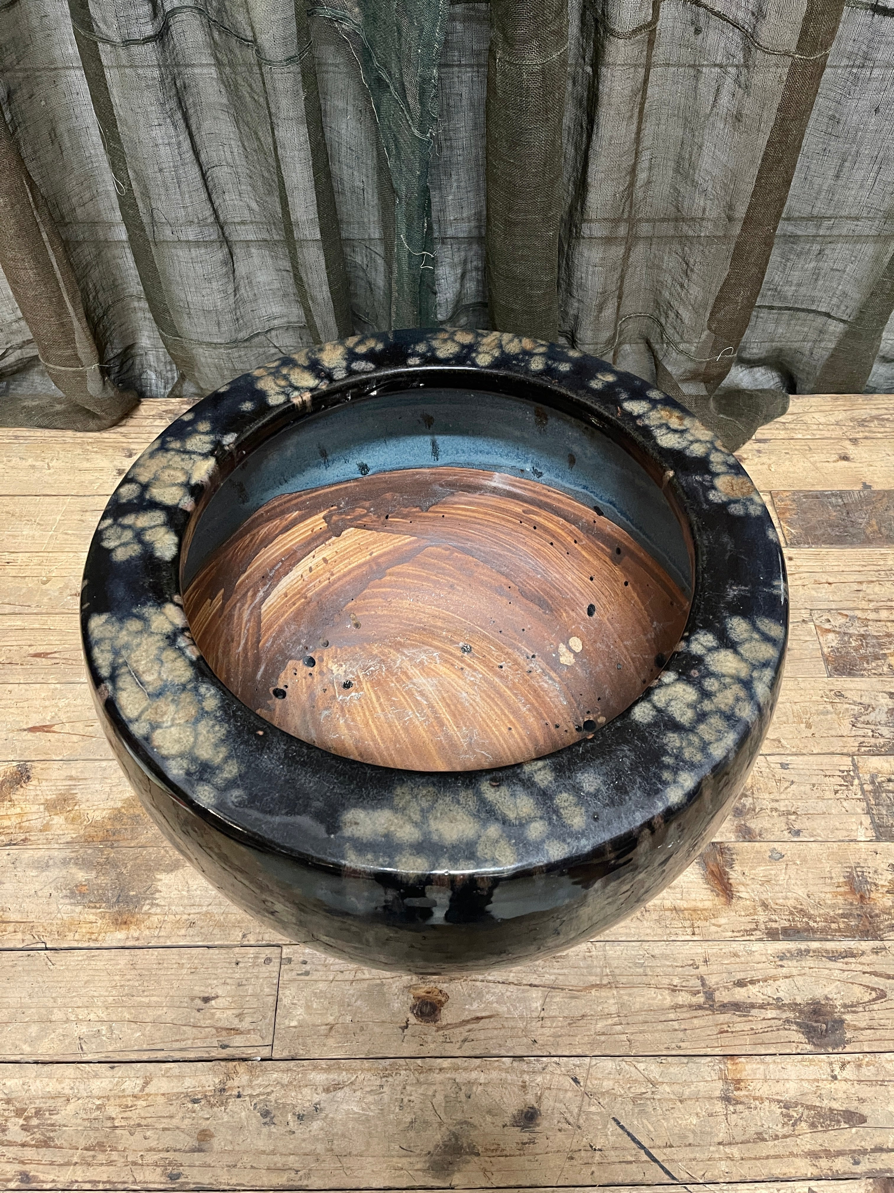 Large Japanese Porcelain Black Hibachi | c.1950