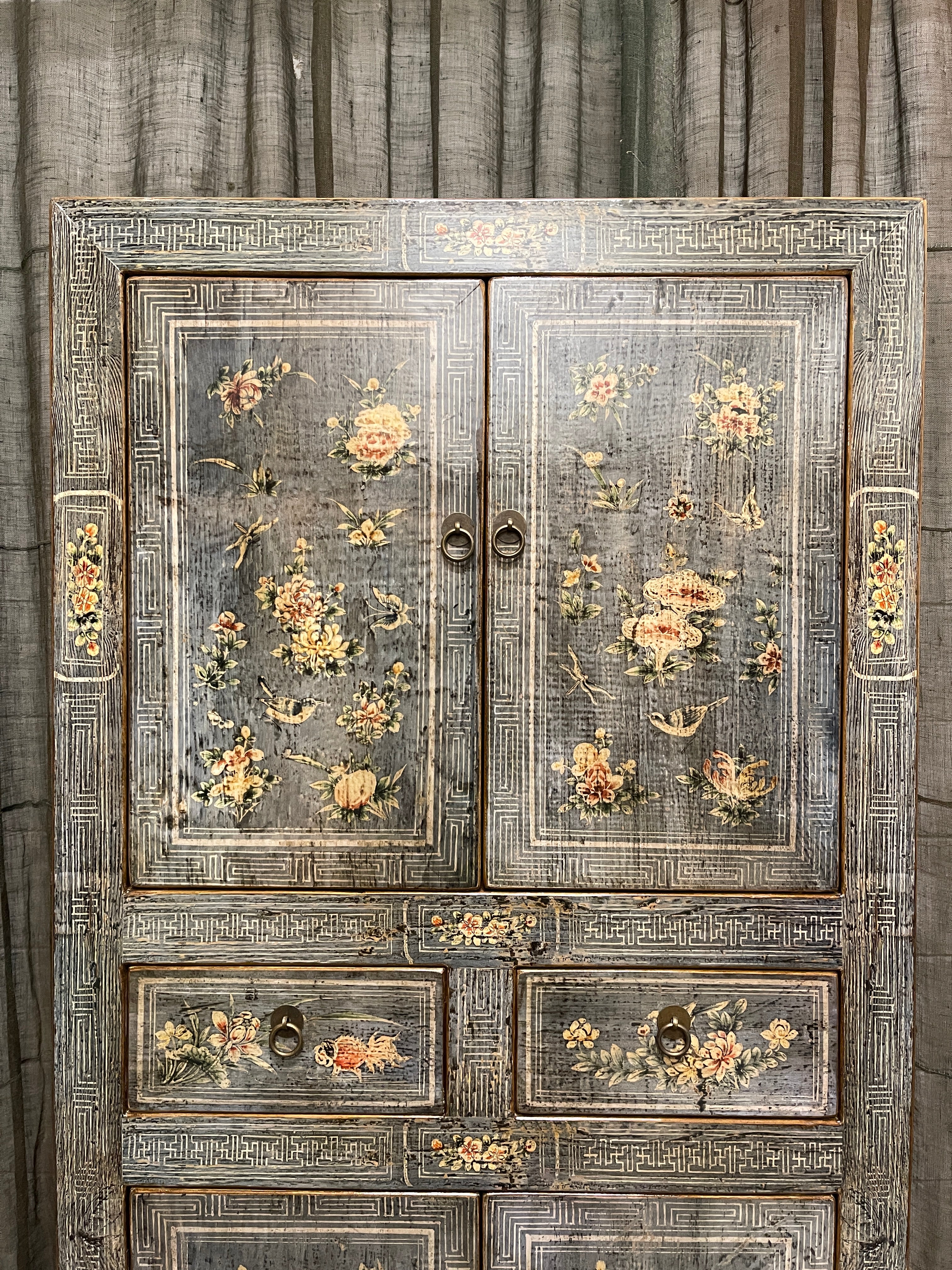 Chinese Grey Lacquered Storage Cabinet, Floral Panels