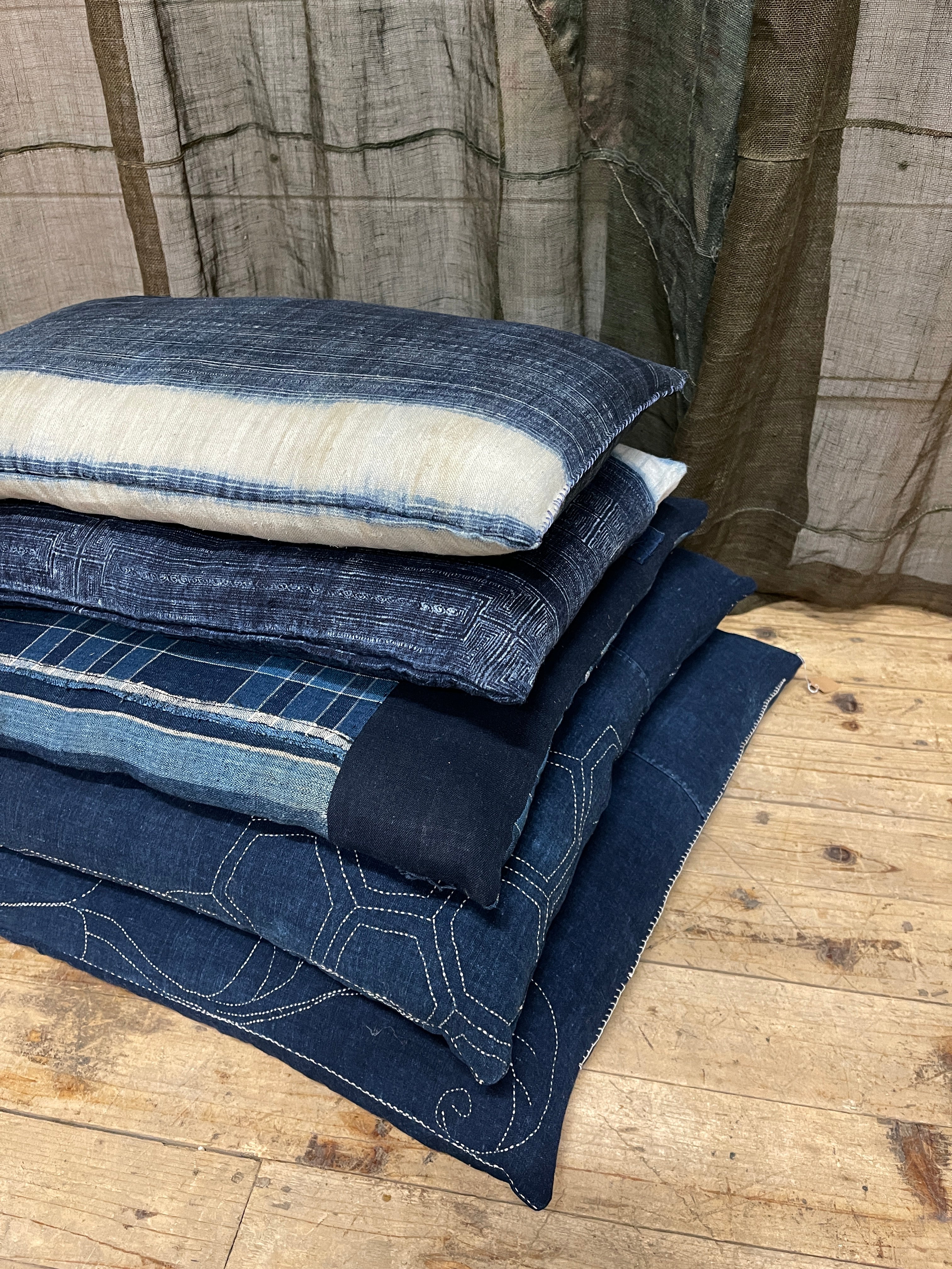Japanese Floor Cushions Covered with Boro Indigo Cotton
