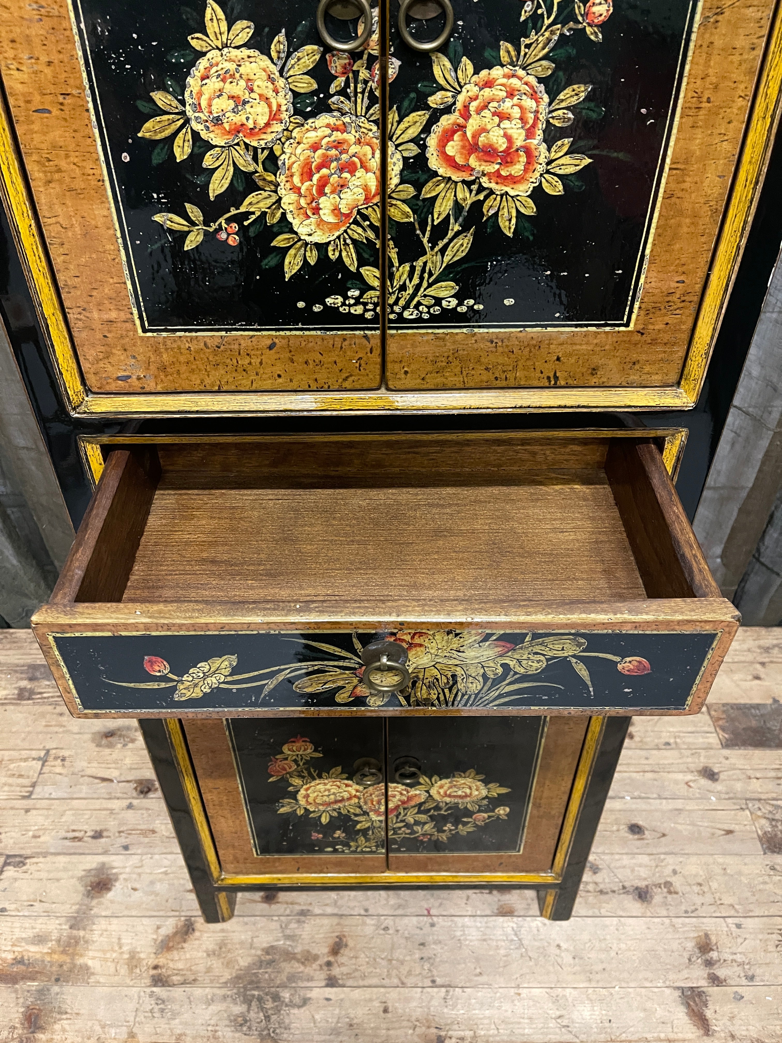 Chinese Black Lacquered Storage Cabinet, Floral Panels