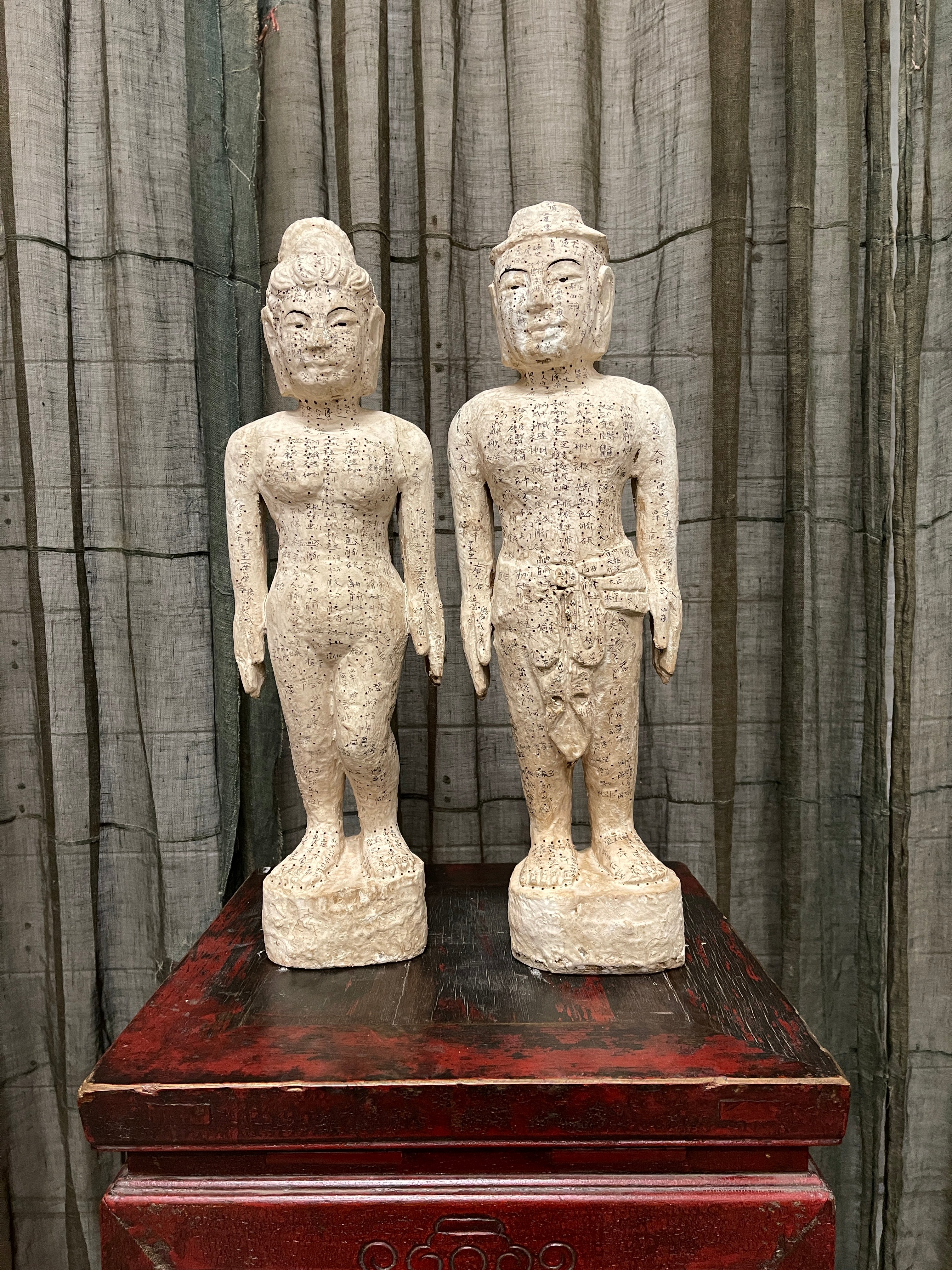 Pair of Chinese Carved Wooden Acupuncture Statues
