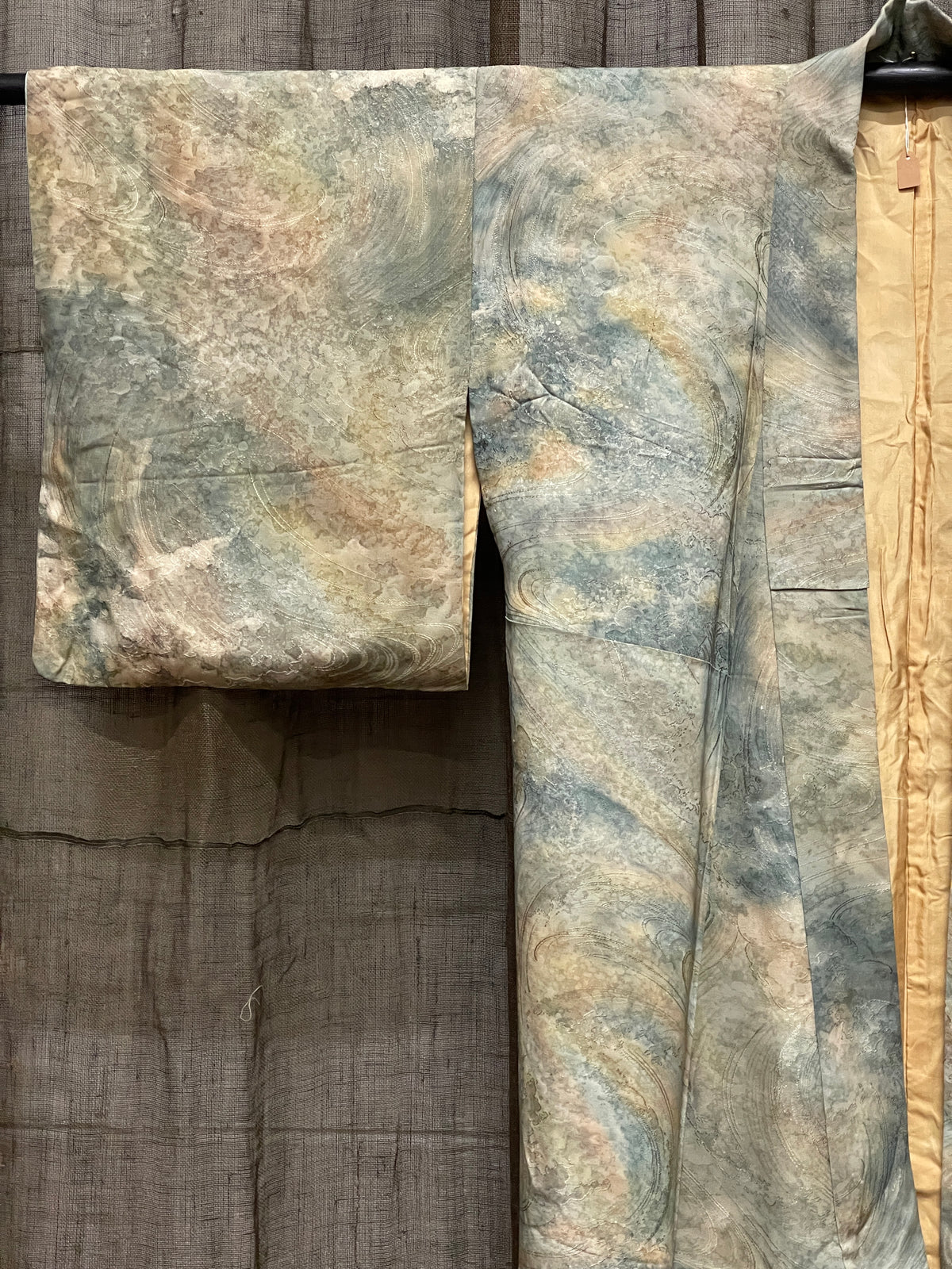 Vintage Japanese Silk Kimono, Marbled Wave Pattern
