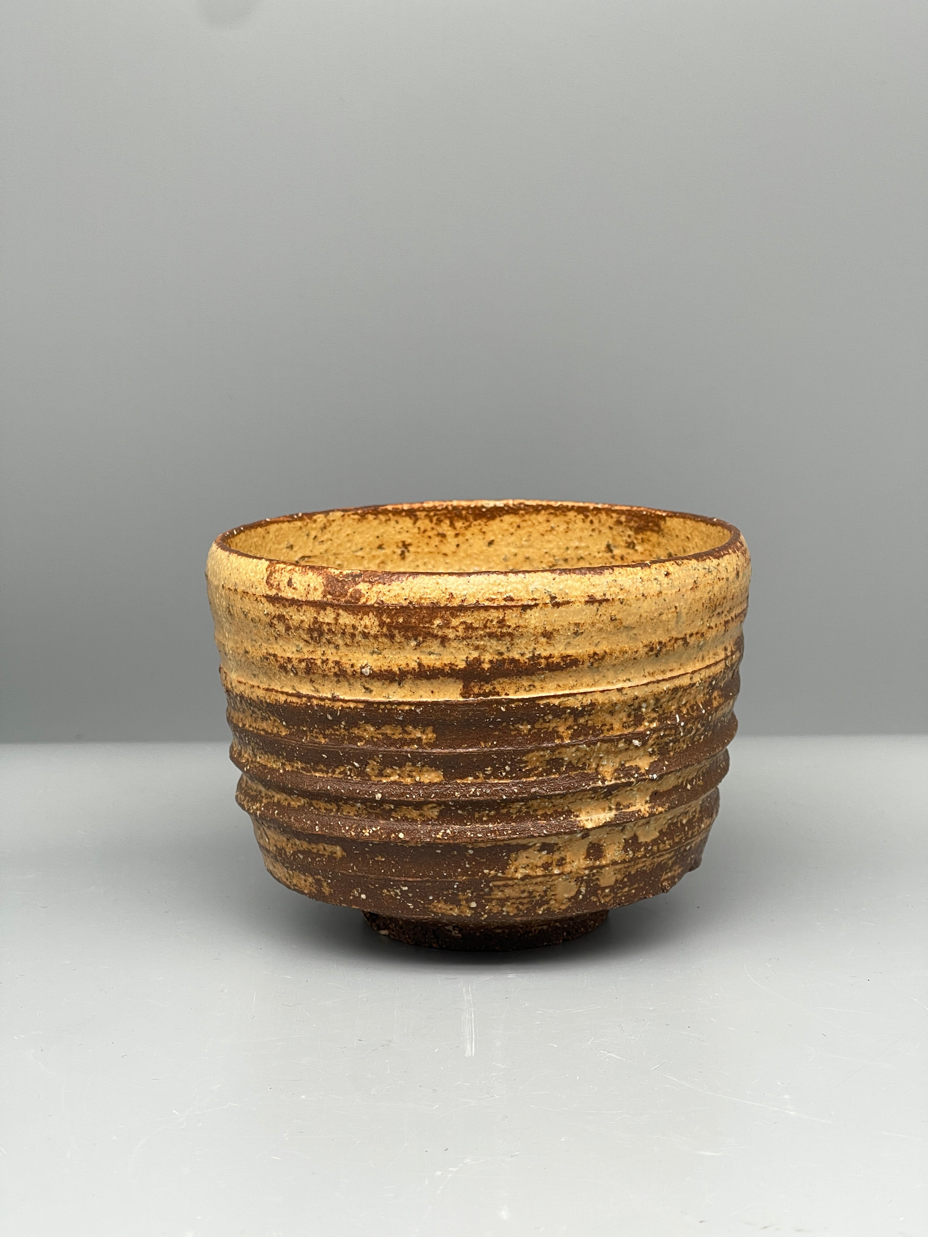 Vintage Japanese Chawan Tea Bowl - Stoneware, Ribbed Ash Glaze