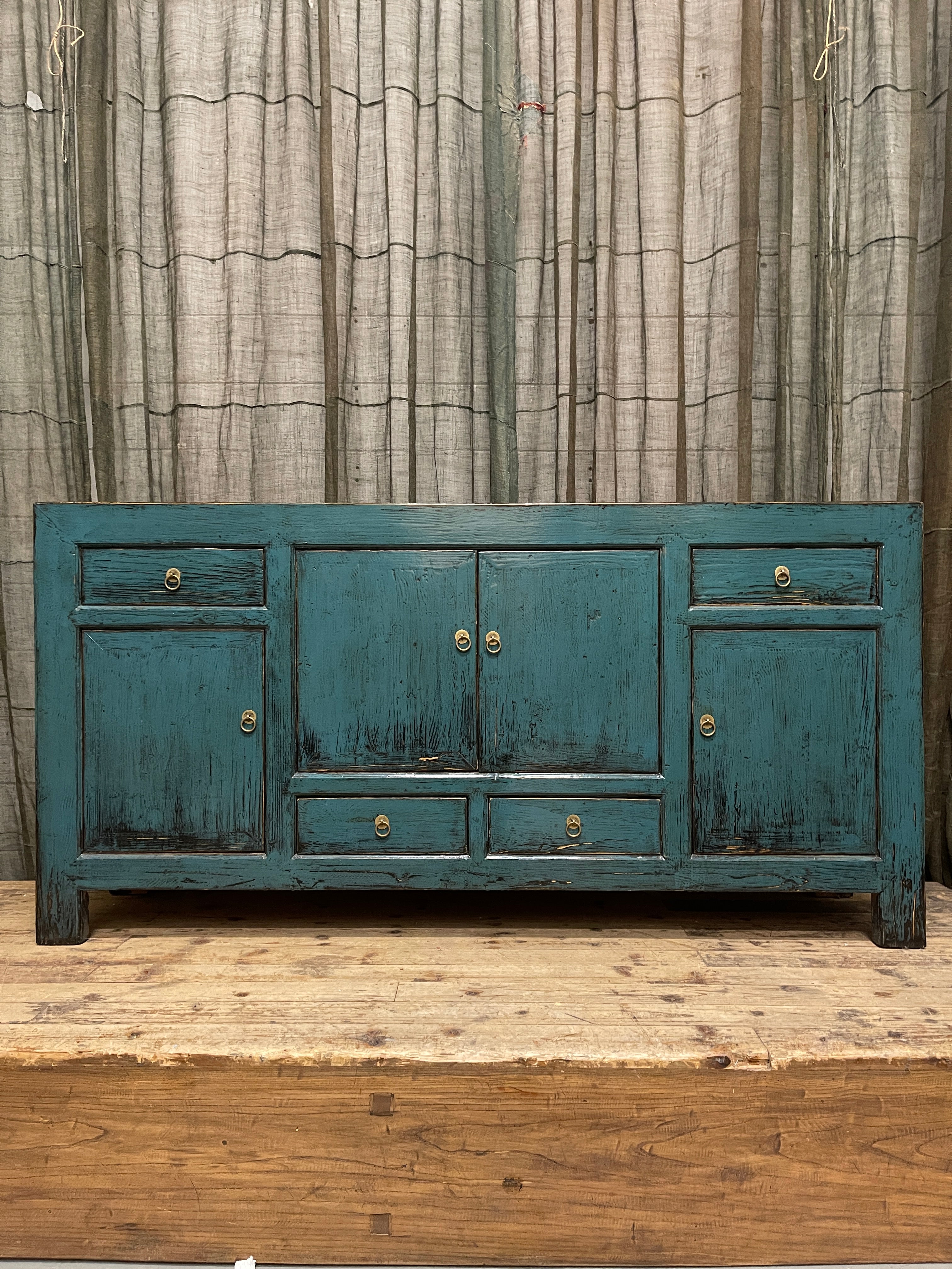 Chinese Teal Lacquered Sideboard, Distressed Finish