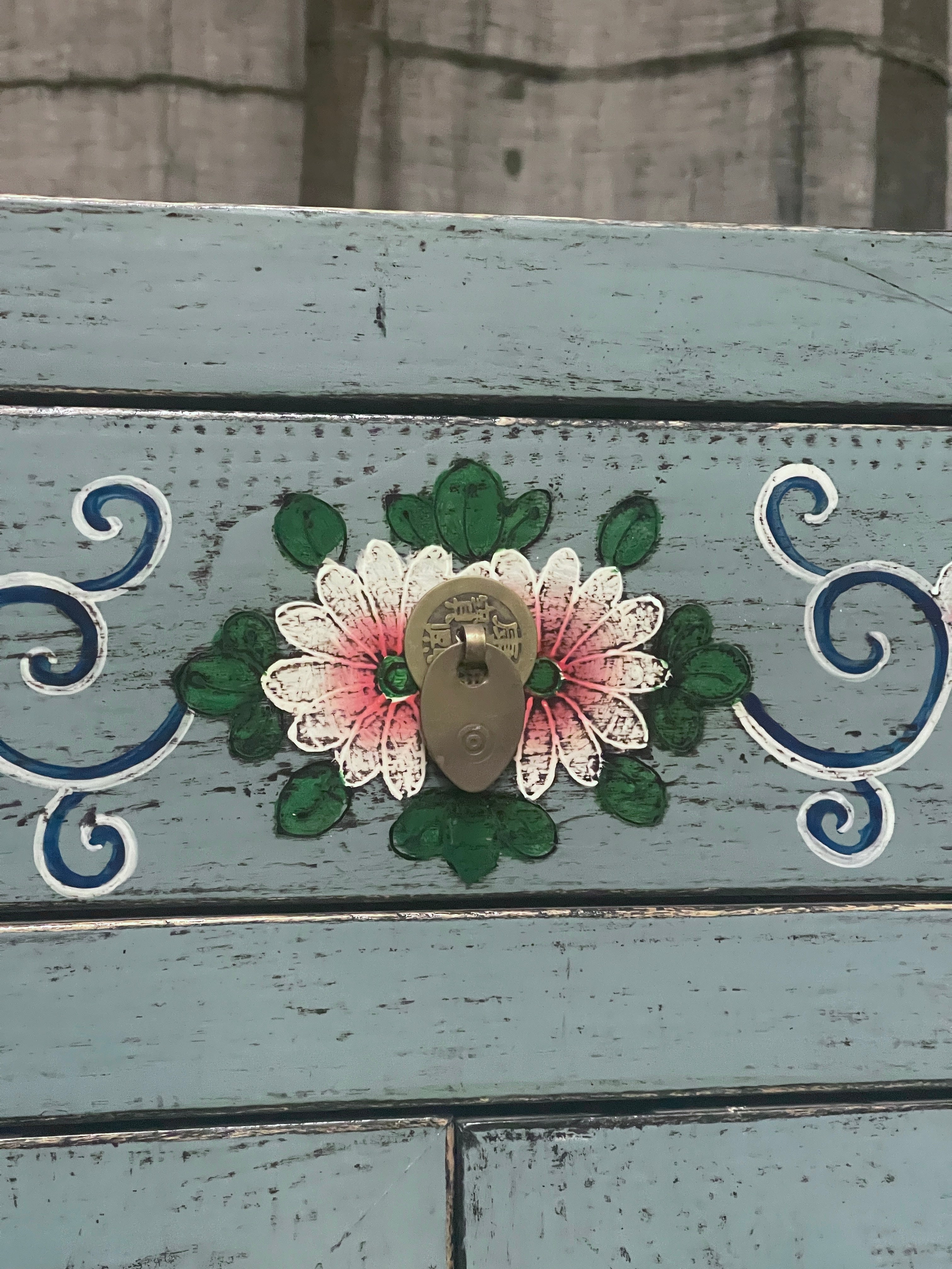 Chinese Blue Lacquered Side Cabinet, Floral Motif