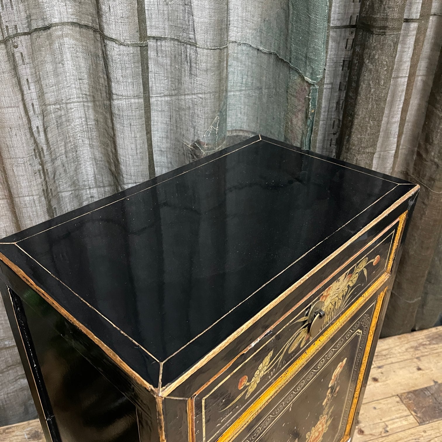 Provincial Style Chinese Black Lacquered Side Cabinet