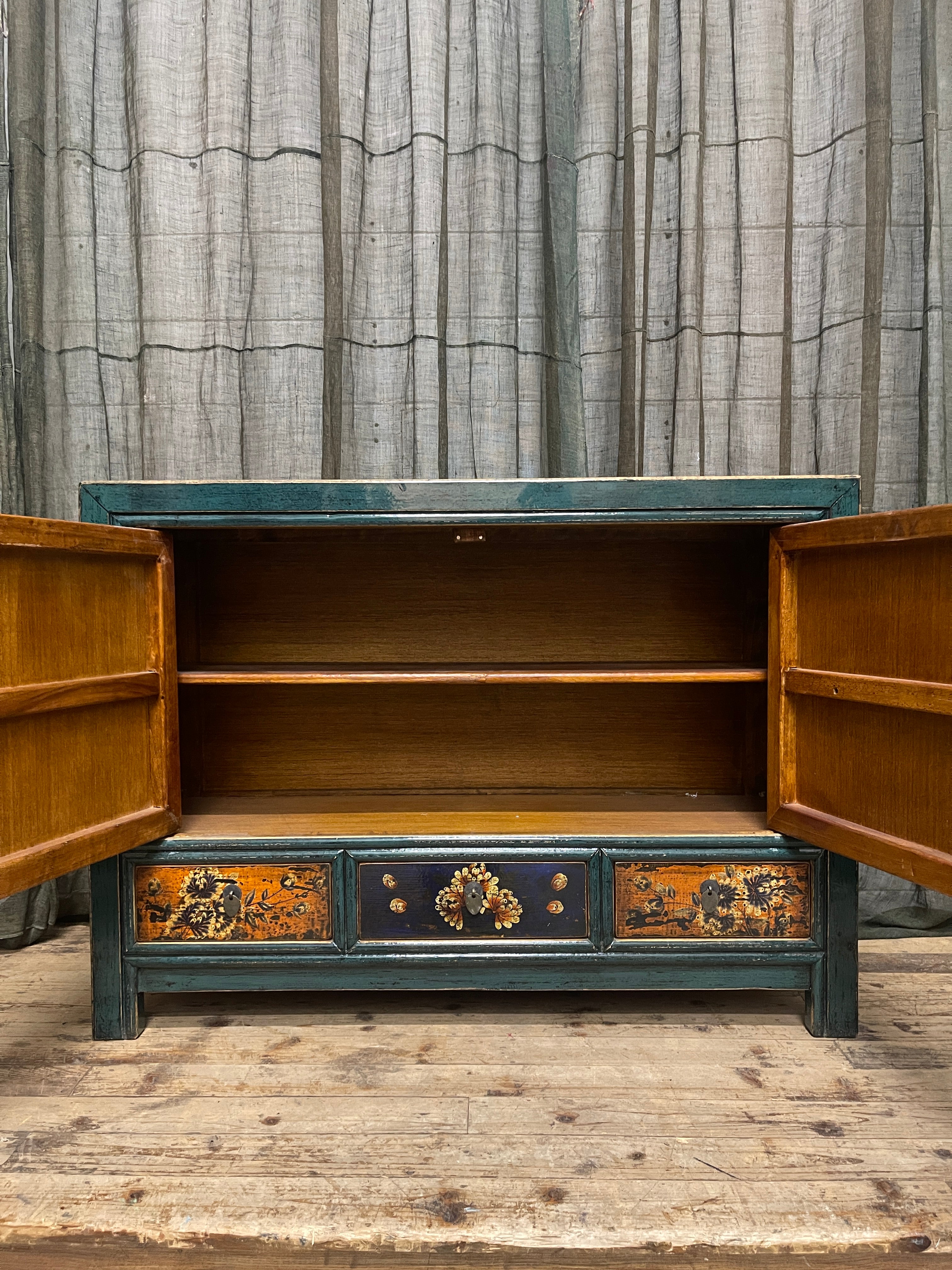 Chinese Teal & Orange Lacquered Cabinet