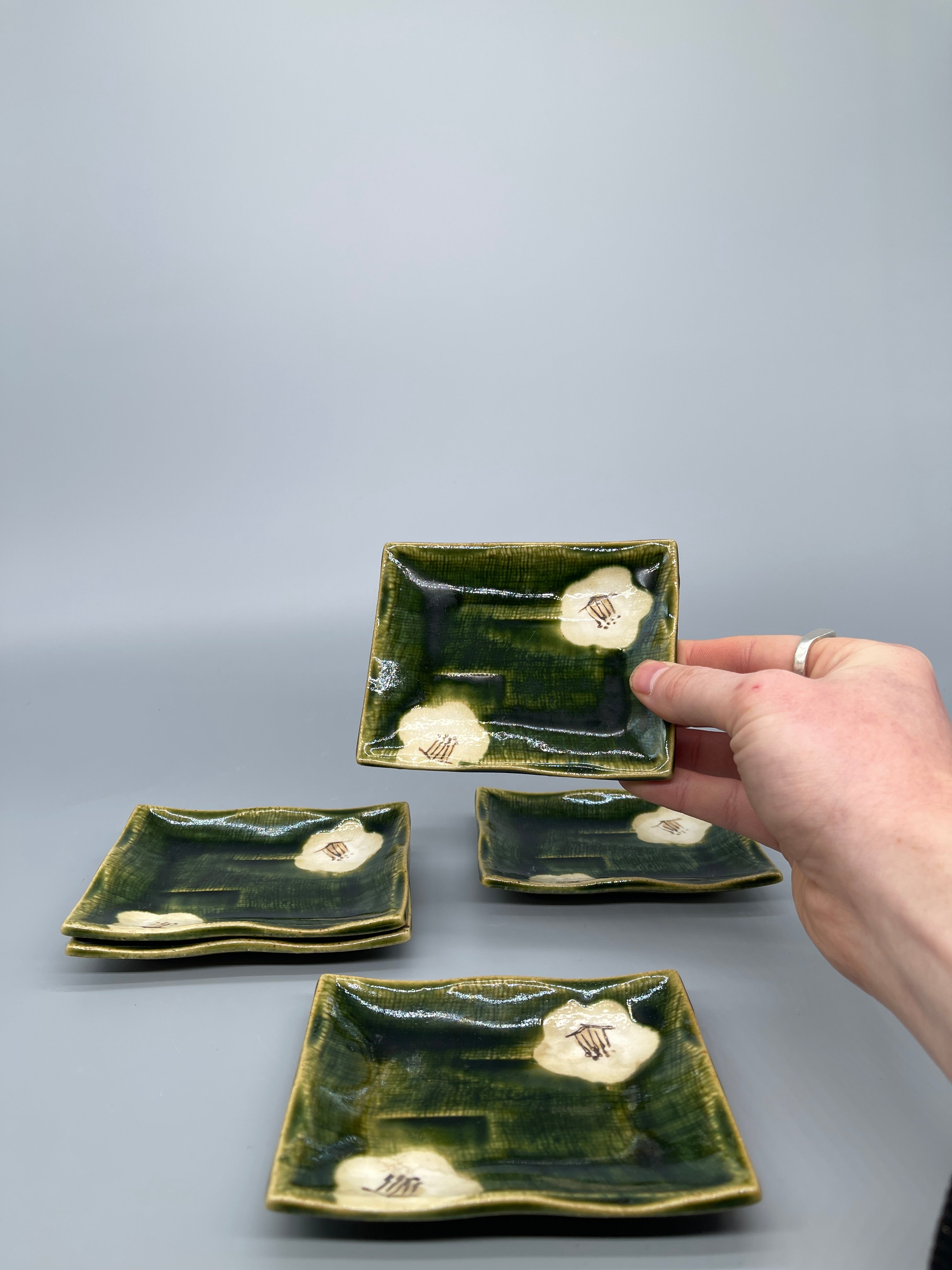 Set of Six Vintage Japanese Side Plates, Oribe Glaze