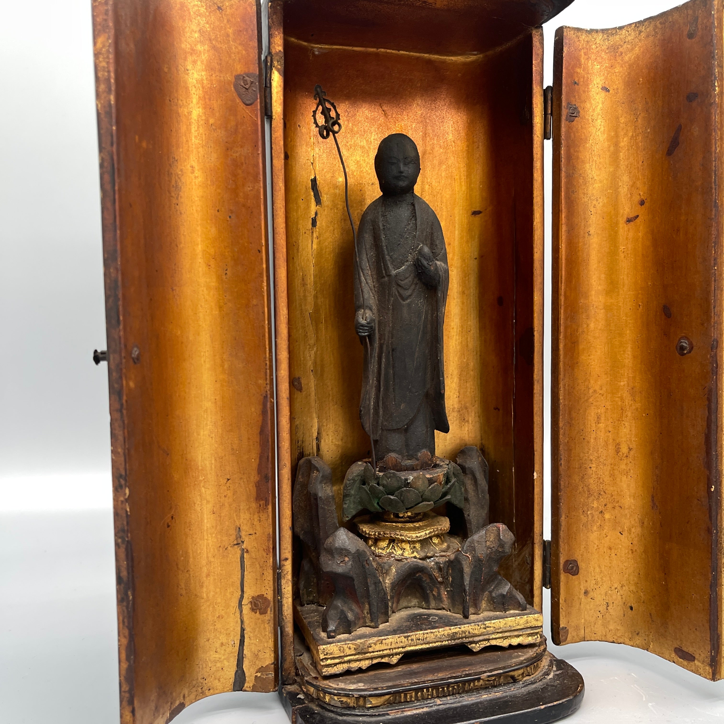 Antique Japanese Jizo in Shrine, Zushi - Carved Wood & Gilt | Edo