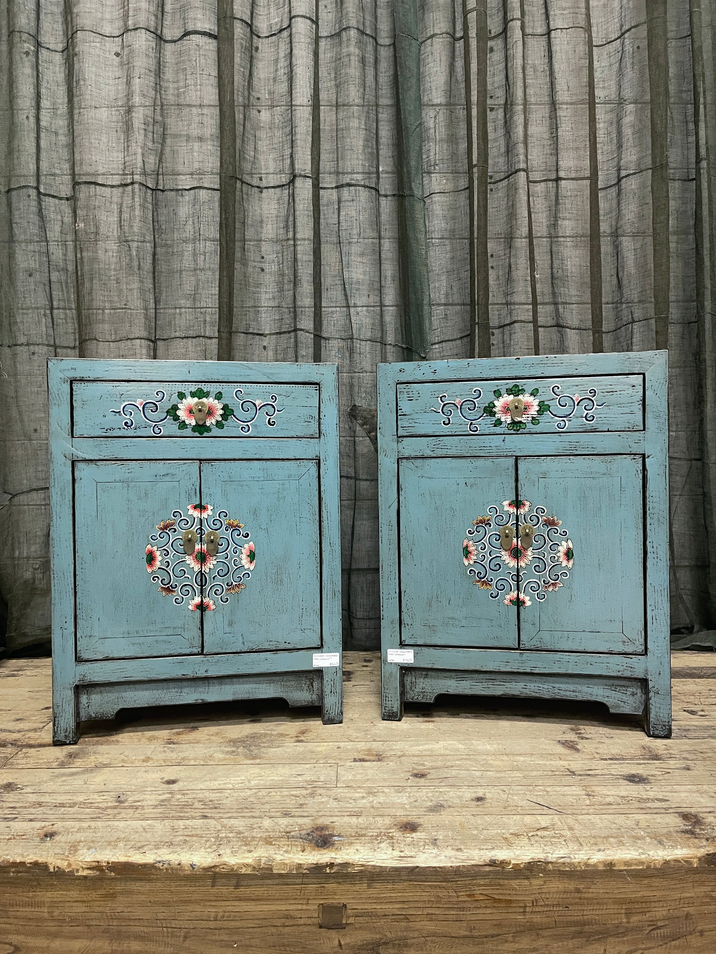 Chinese Blue Lacquered Side Cabinet, Floral Motif