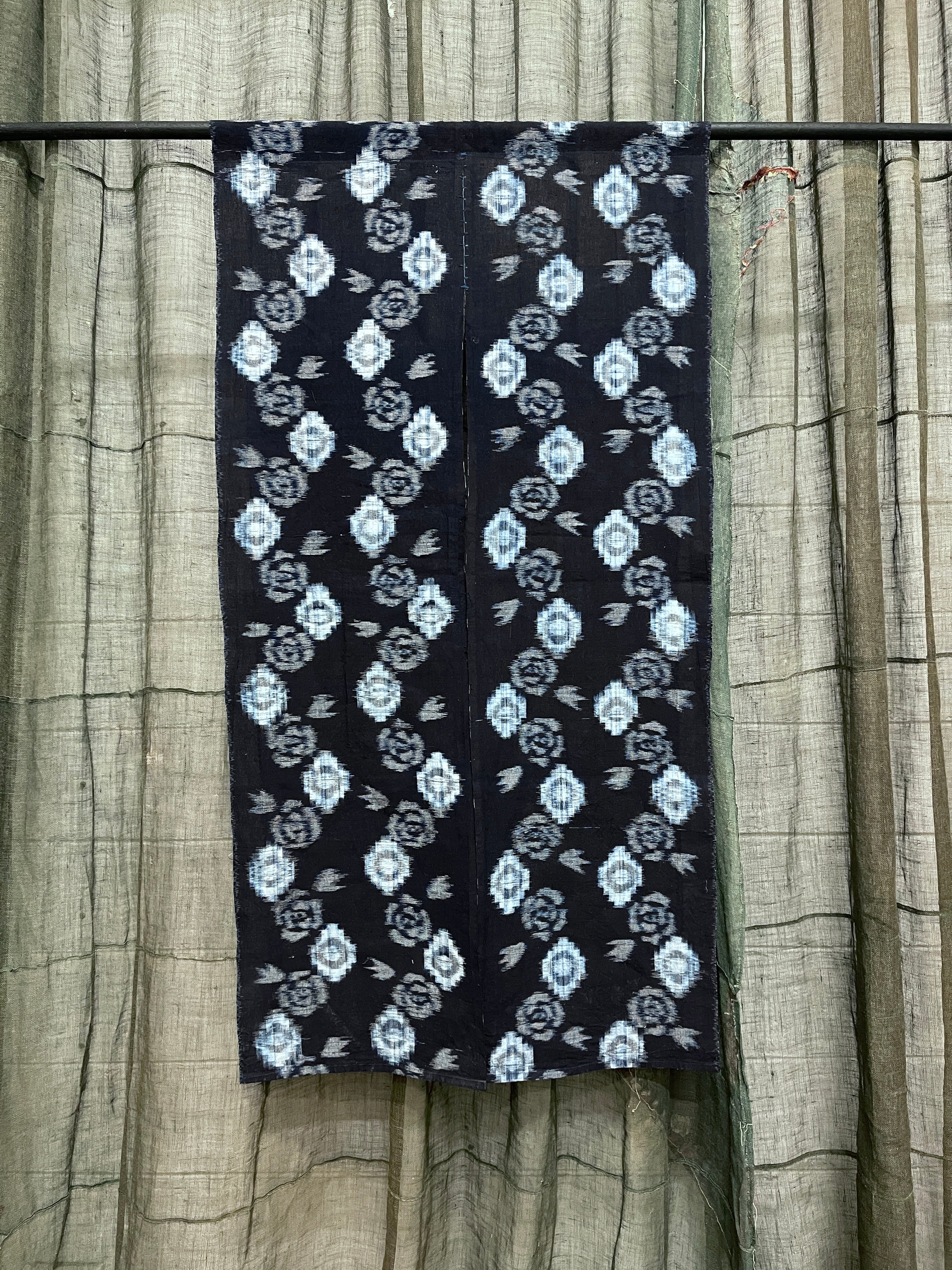 Vintage Japanese Noren - Dark Navy Cotton | Rose Motif